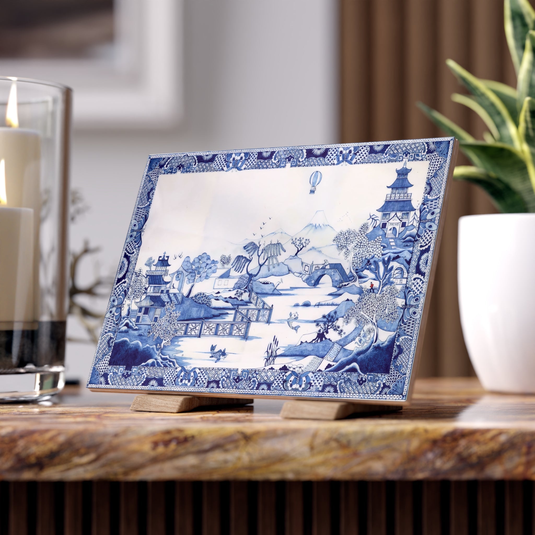 Kate McEnroe New York Chinoiserie Blue and White Ceramic Art Tile, Oriental Vintage Style Wall Decor, Decorative Table Accent, Classic Ming Dynasty Scenic ArtworkDecorative Plaques24620126900601747102