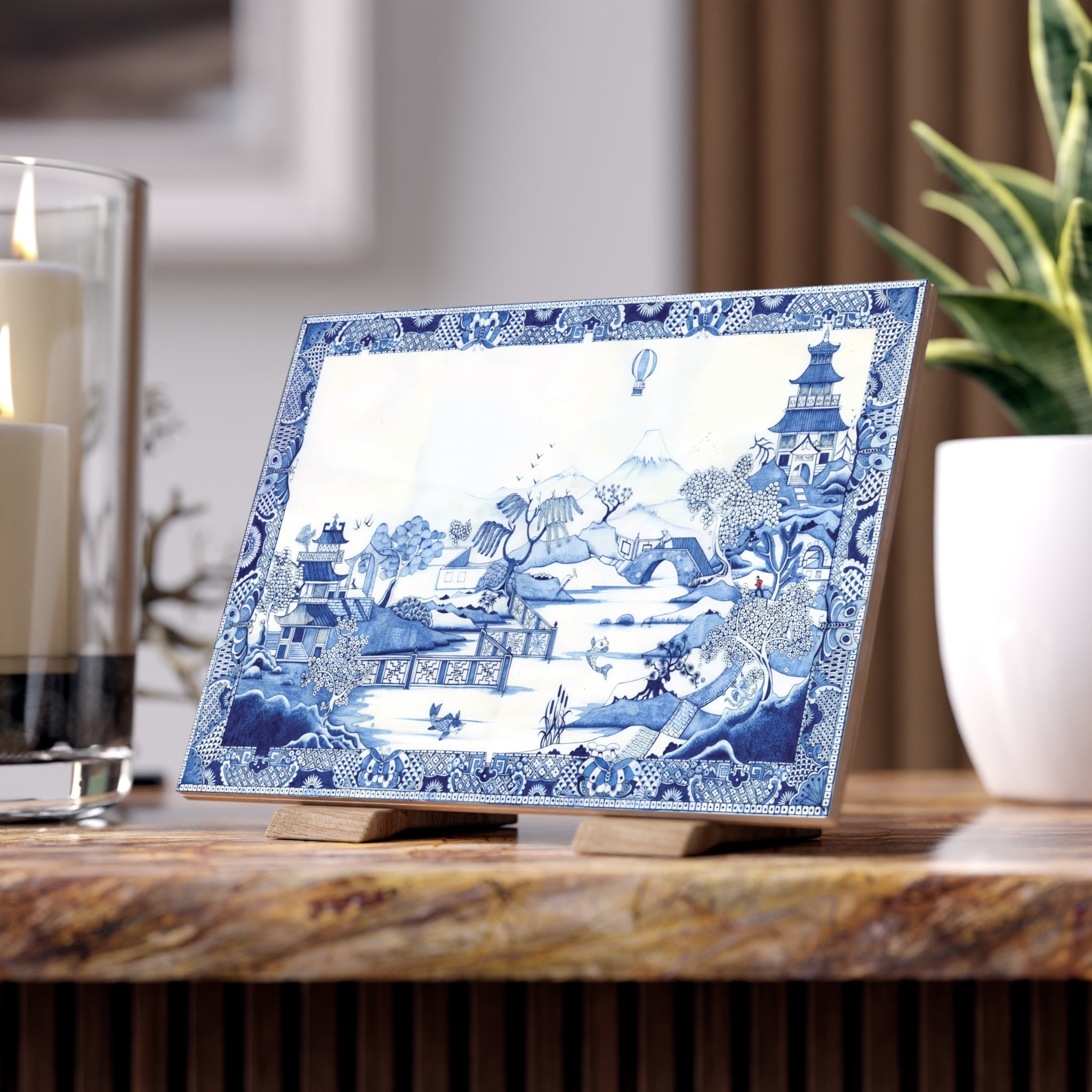 Kate McEnroe New York Chinoiserie Blue and White Ceramic Art Tile, Oriental Vintage Style Wall Decor, Decorative Table Accent, Classic Ming Dynasty Scenic ArtworkDecorative Plaques28079000319610805975