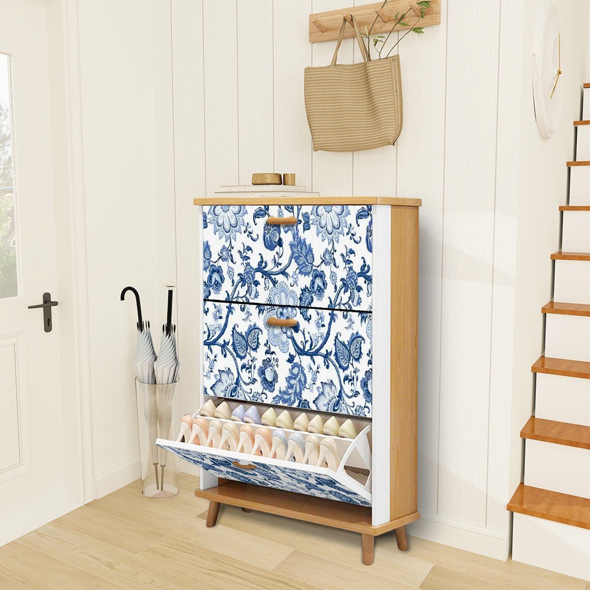 Kate McEnroe New York Chinoiserie Blue Floral Shoe Cabinet, Mid Century Storage OrganizerShoe Storagee9sTIlzc8i