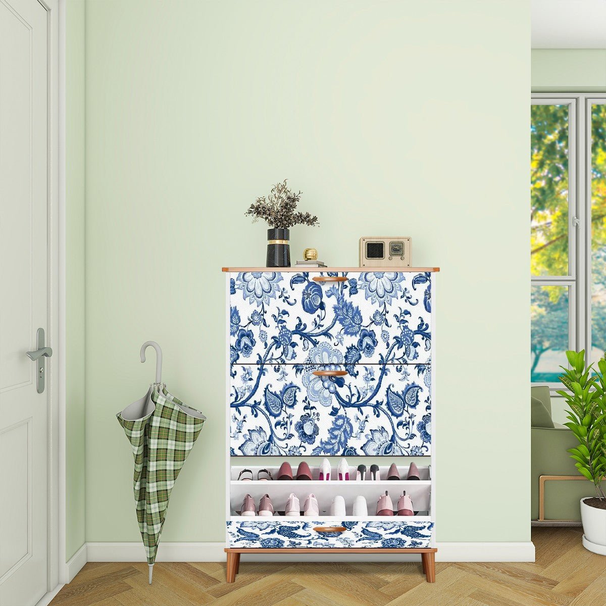 Kate McEnroe New York Chinoiserie Blue Floral Shoe Cabinet, Mid Century Storage OrganizerShoe Storagee9sTIlzc8i
