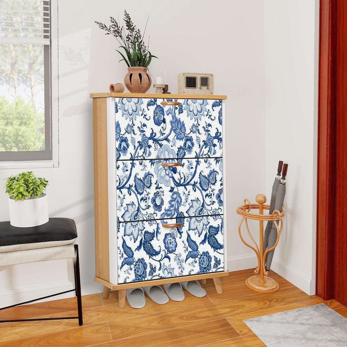 Kate McEnroe New York Chinoiserie Blue Floral Shoe Cabinet, Mid Century Storage OrganizerShoe Storagee9sTIlzc8i