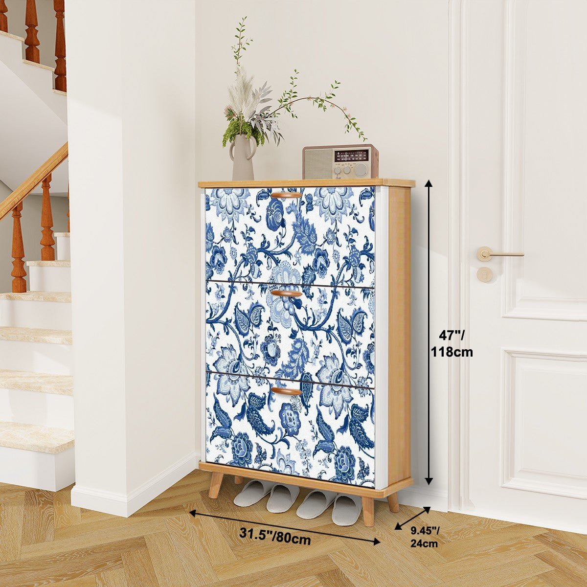 Kate McEnroe New York Chinoiserie Blue Floral Shoe Cabinet, Mid Century Storage OrganizerShoe Storagee9sTIlzc8i