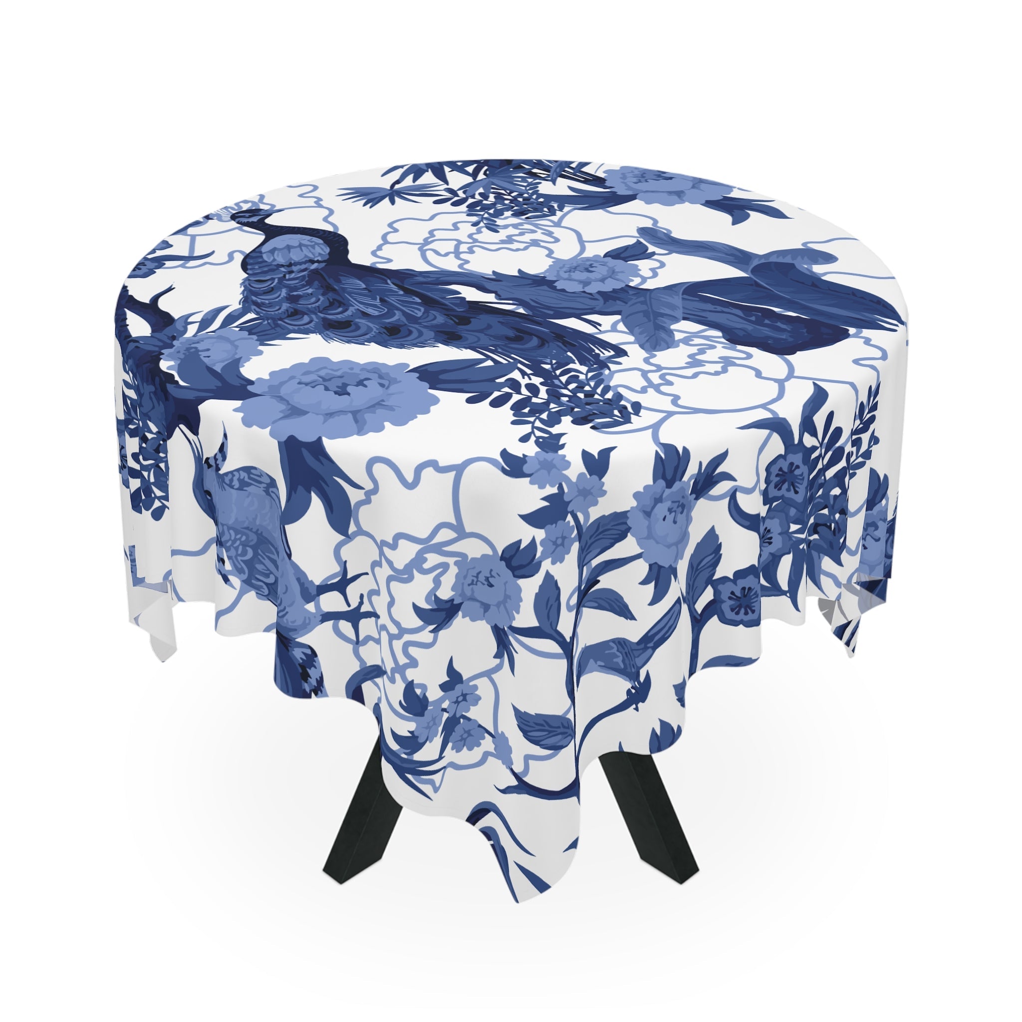 Kate McEnroe New York Chinoiserie Blue Peacock Tablecloth, Elegant Floral Dining Room DecorTablecloths14634653652890694589