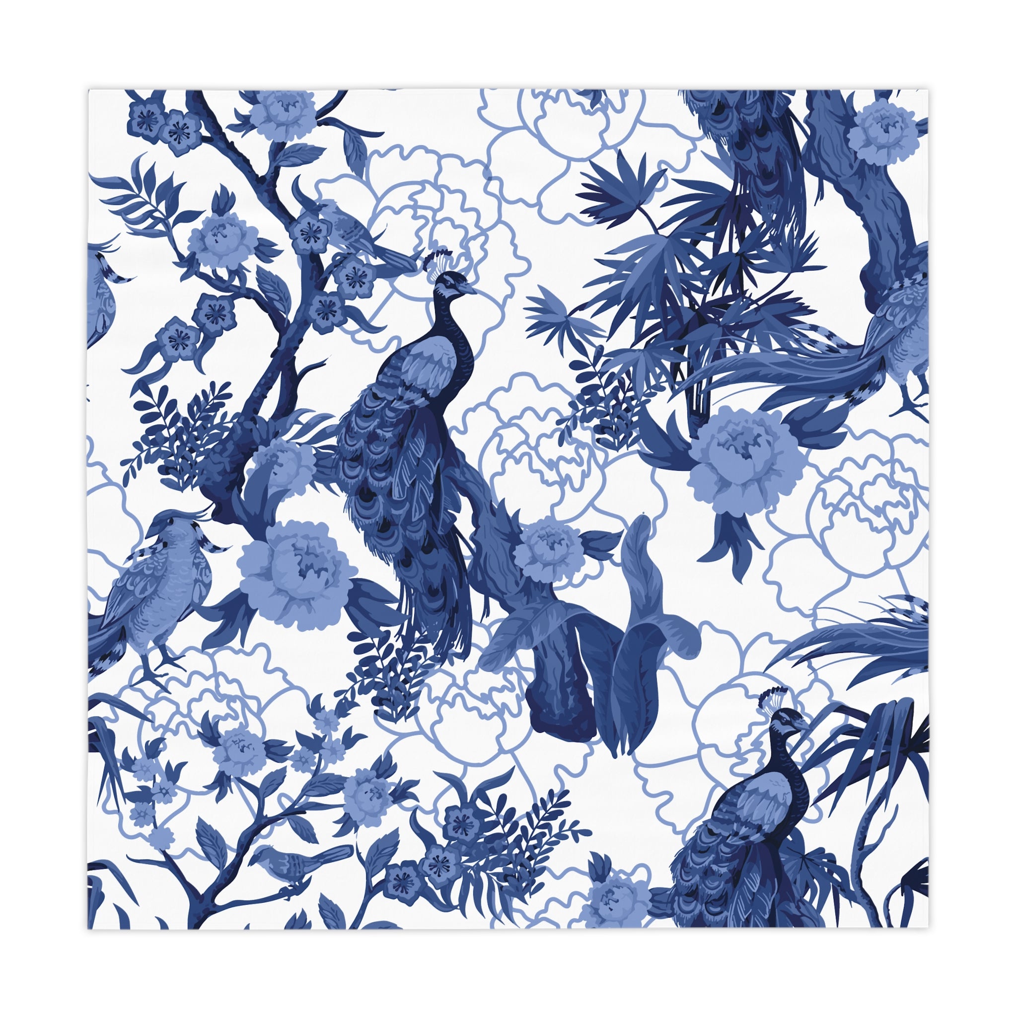 Kate McEnroe New York Chinoiserie Blue Peacock Tablecloth, Elegant Floral Dining Room DecorTablecloths14634653652890694589