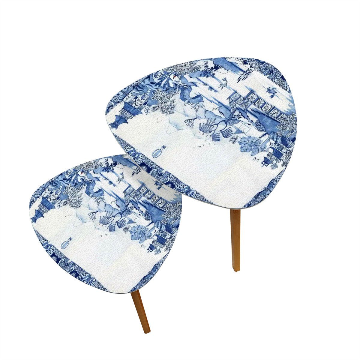 Kate McEnroe New York Chinoiserie Blue Willow Nesting Tables, Vintage Asian Scenic Furniture, Pagoda Willow LandscapeNesting Tablesy1DffMtJRS
