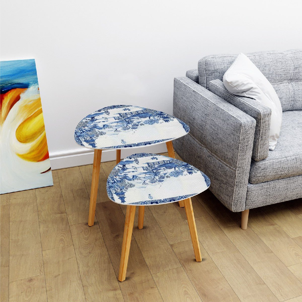 Kate McEnroe New York Chinoiserie Blue Willow Nesting Tables, Vintage Asian Scenic Furniture, Pagoda Willow LandscapeNesting Tablesy1DffMtJRS