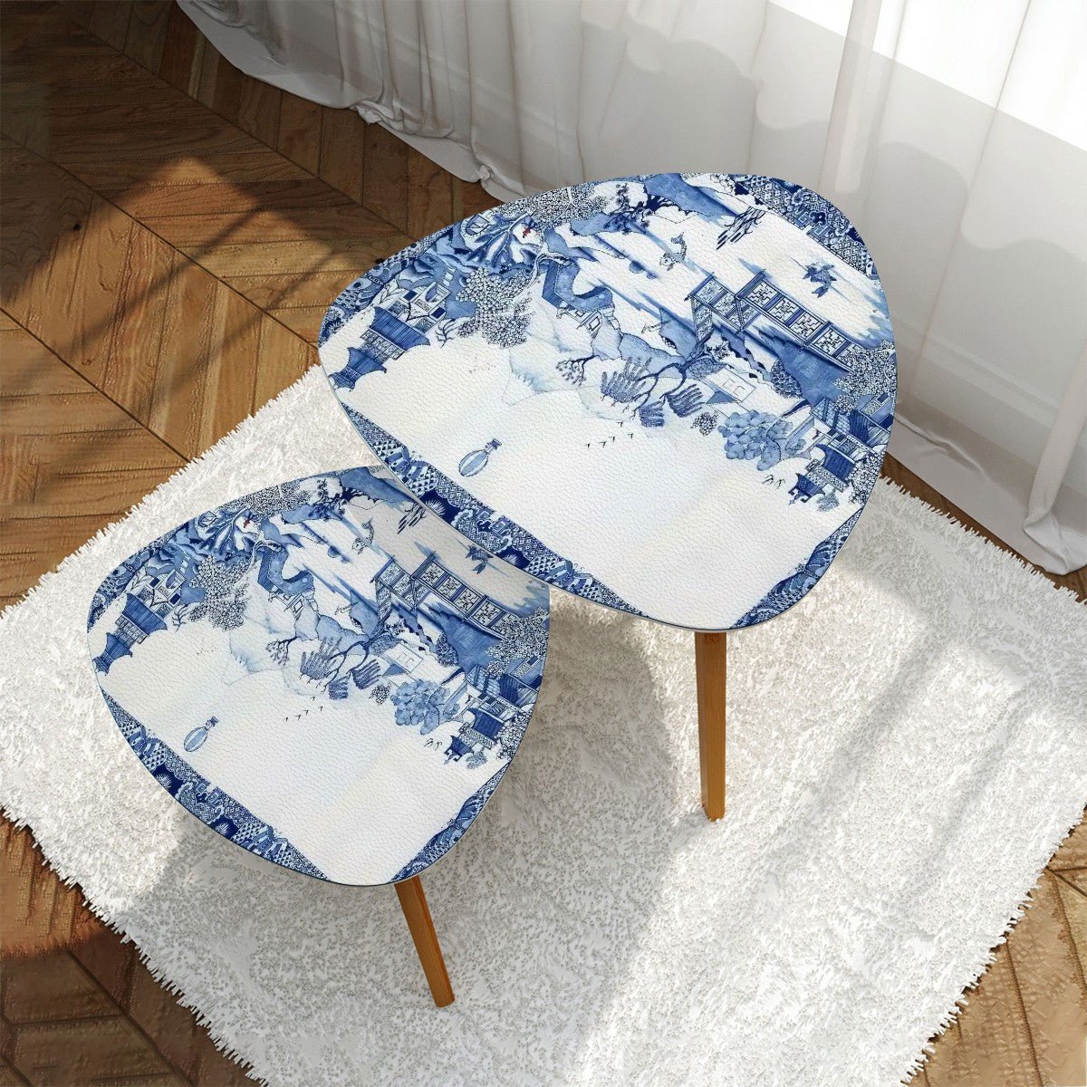 Kate McEnroe New York Chinoiserie Blue Willow Nesting Tables, Vintage Asian Scenic Furniture, Pagoda Willow LandscapeNesting Tablesy1DffMtJRS