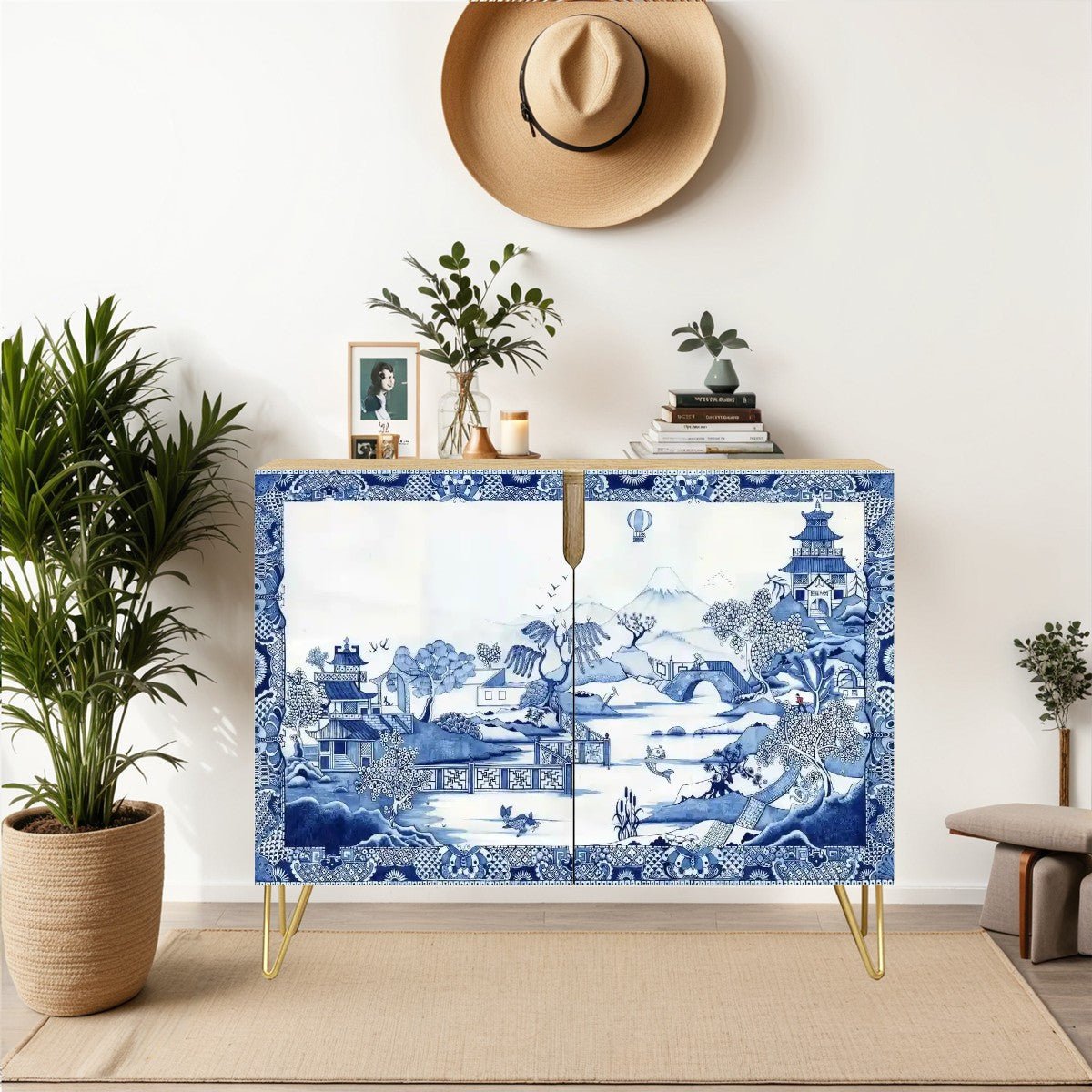 Kate McEnroe New York Chinoiserie Blue Willow Storage Cabinet, Vintage Asian Landscape Sideboard, Elegant Entryway Accent FurnitureStorage Cabinets9sbS5JI9oe