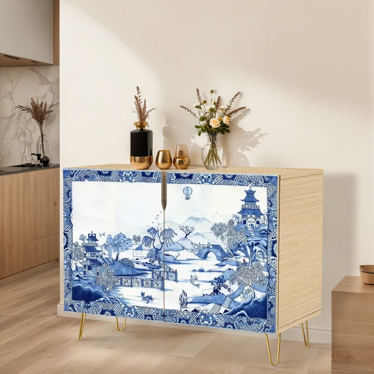 Kate McEnroe New York Chinoiserie Blue Willow Storage Cabinet, Vintage Asian Landscape Sideboard, Elegant Entryway Accent FurnitureStorage Cabinets9sbS5JI9oe
