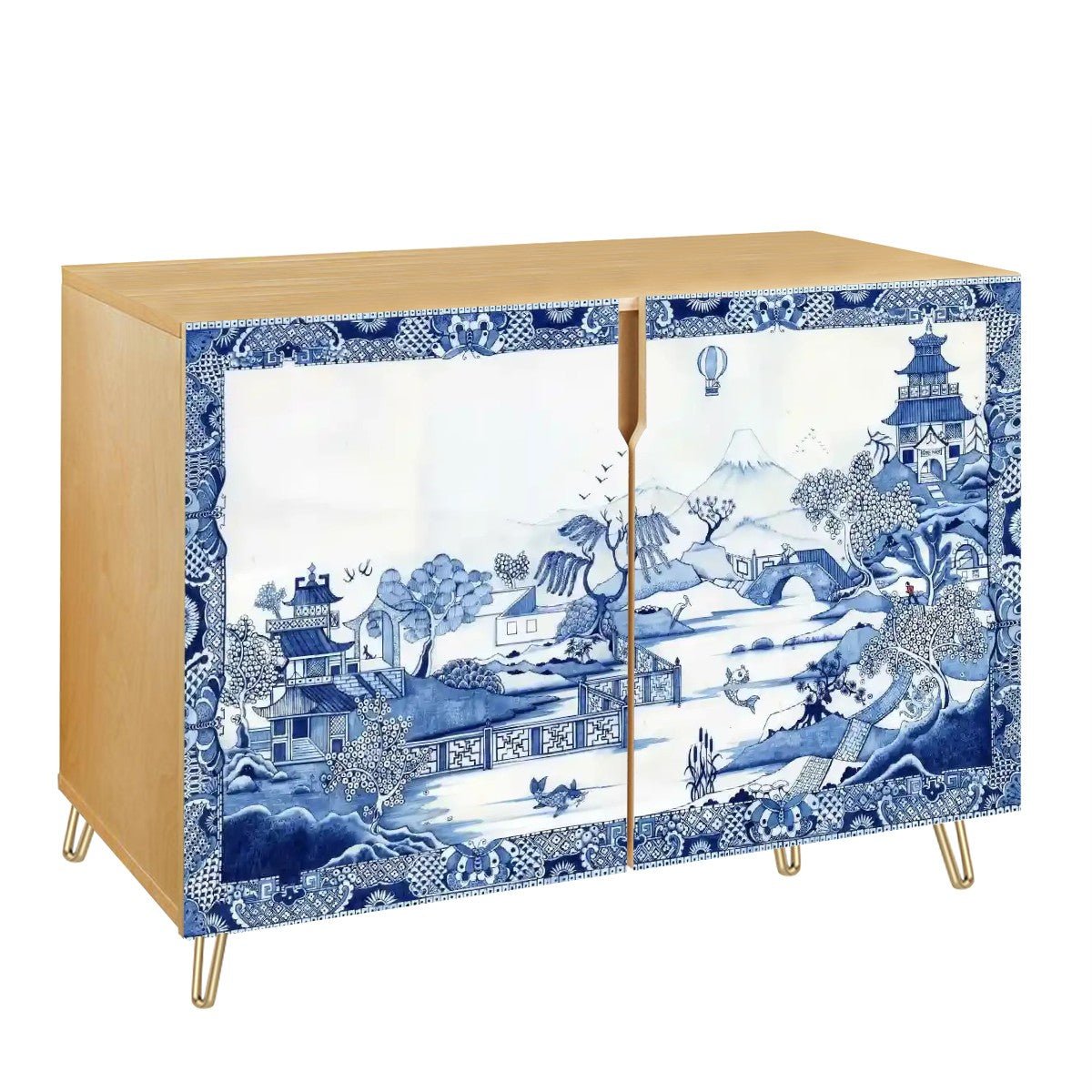 Kate McEnroe New York Chinoiserie Blue Willow Storage Cabinet, Vintage Asian Landscape Sideboard, Elegant Entryway Accent FurnitureStorage Cabinets9sbS5JI9oe