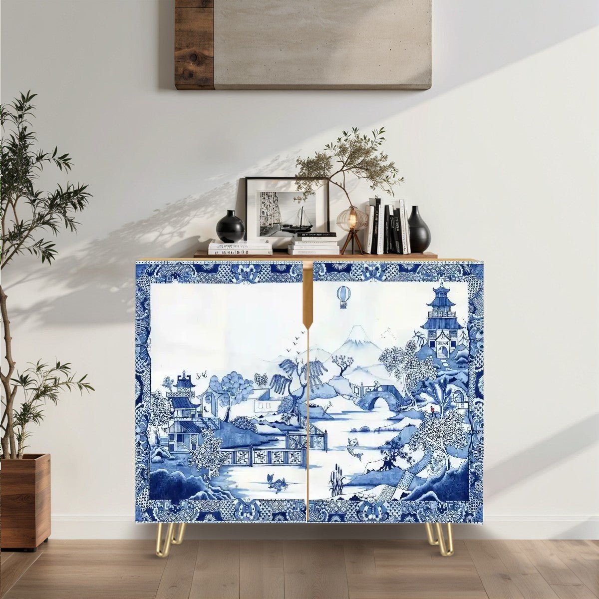 Kate McEnroe New York Chinoiserie Blue Willow Storage Cabinet, Vintage Asian Landscape Sideboard, Elegant Entryway Accent FurnitureStorage Cabinets9sbS5JI9oe