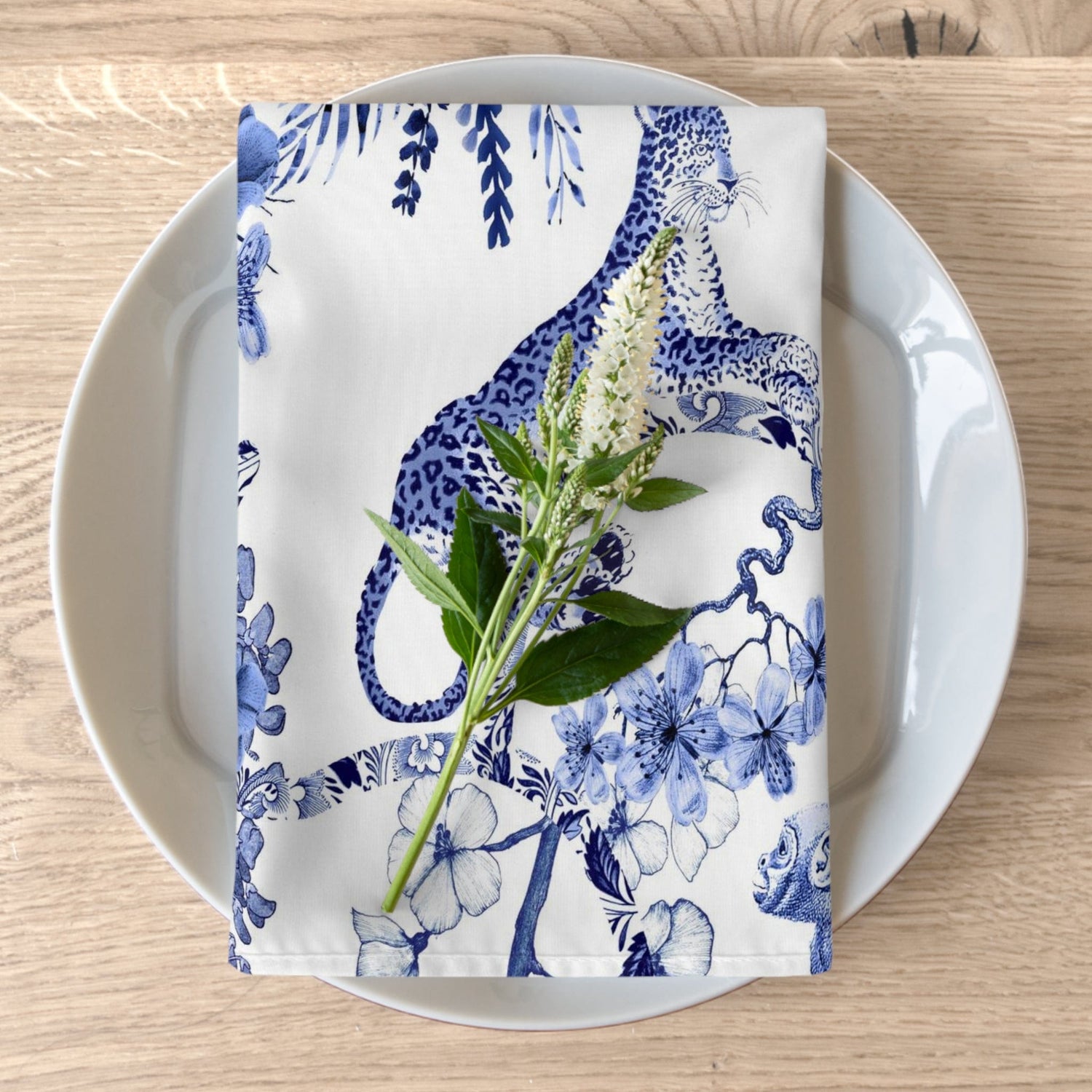 Printify Chinoiserie Botanical Toile Napkins Set of 4, Floral Blue and White Chinoiserie Jungle Table Linen, Country Farmhouse Decor Accessories 4-piece set / White / 19&quot; × 19&quot; 31591111042773290028