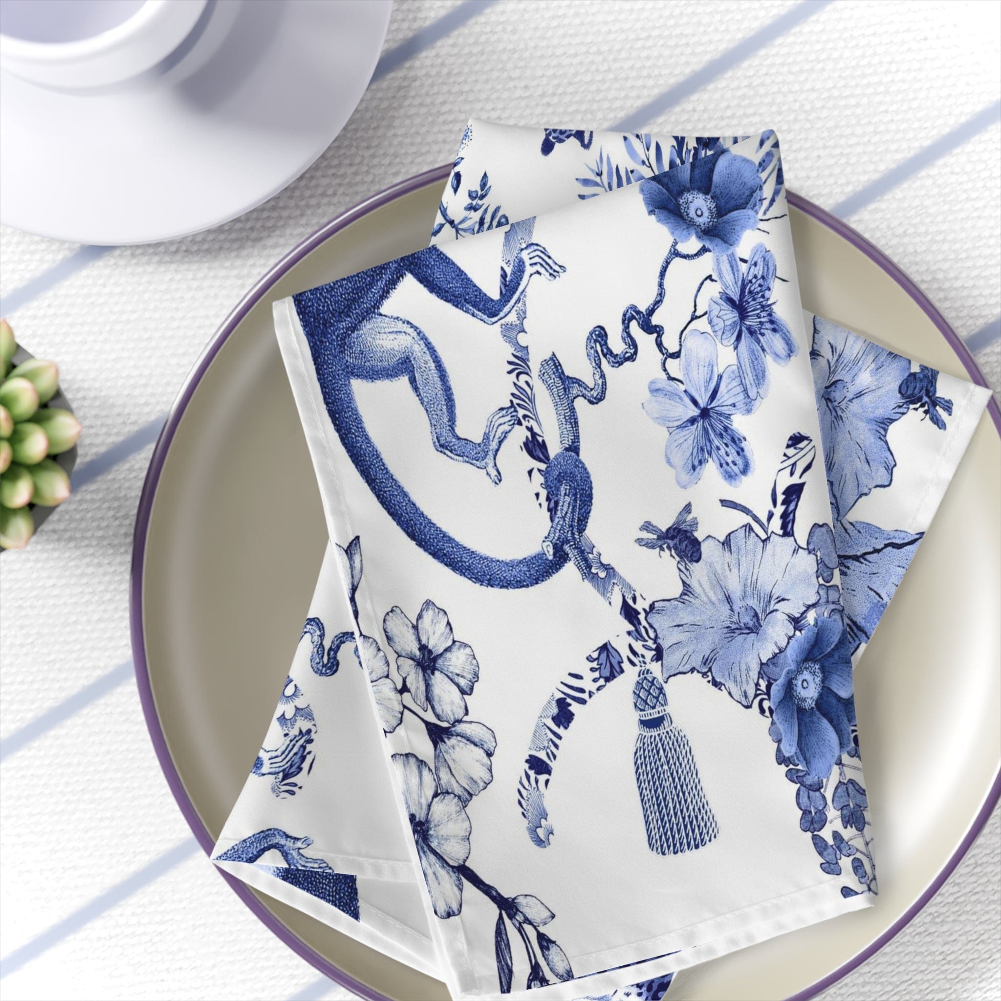 Printify Chinoiserie Botanical Toile Napkins Set of 4, Floral Blue and White Chinoiserie Jungle Table Linen, Country Farmhouse Decor Accessories 4-piece set / White / 19&quot; × 19&quot; 31591111042773290028