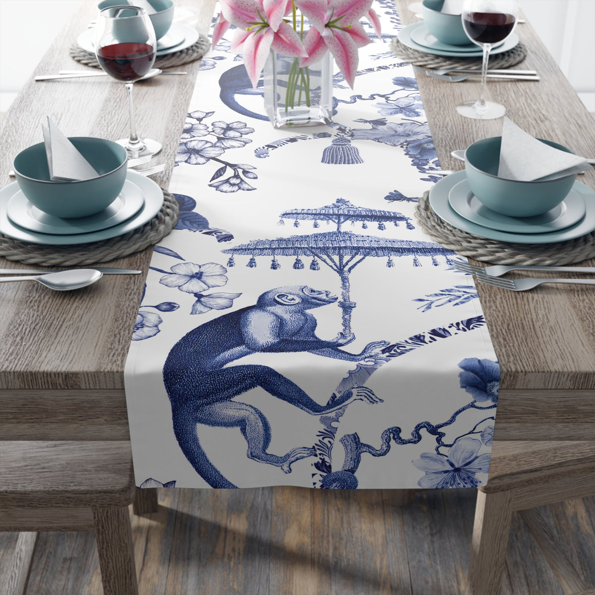 Kate McEnroe New York Chinoiserie Botanical Toile Table Runner, Floral Blue, White Chinoiserie Jungle, Country Farmhouse Grandmillenial Table DecorTable Runners79751148085223957598