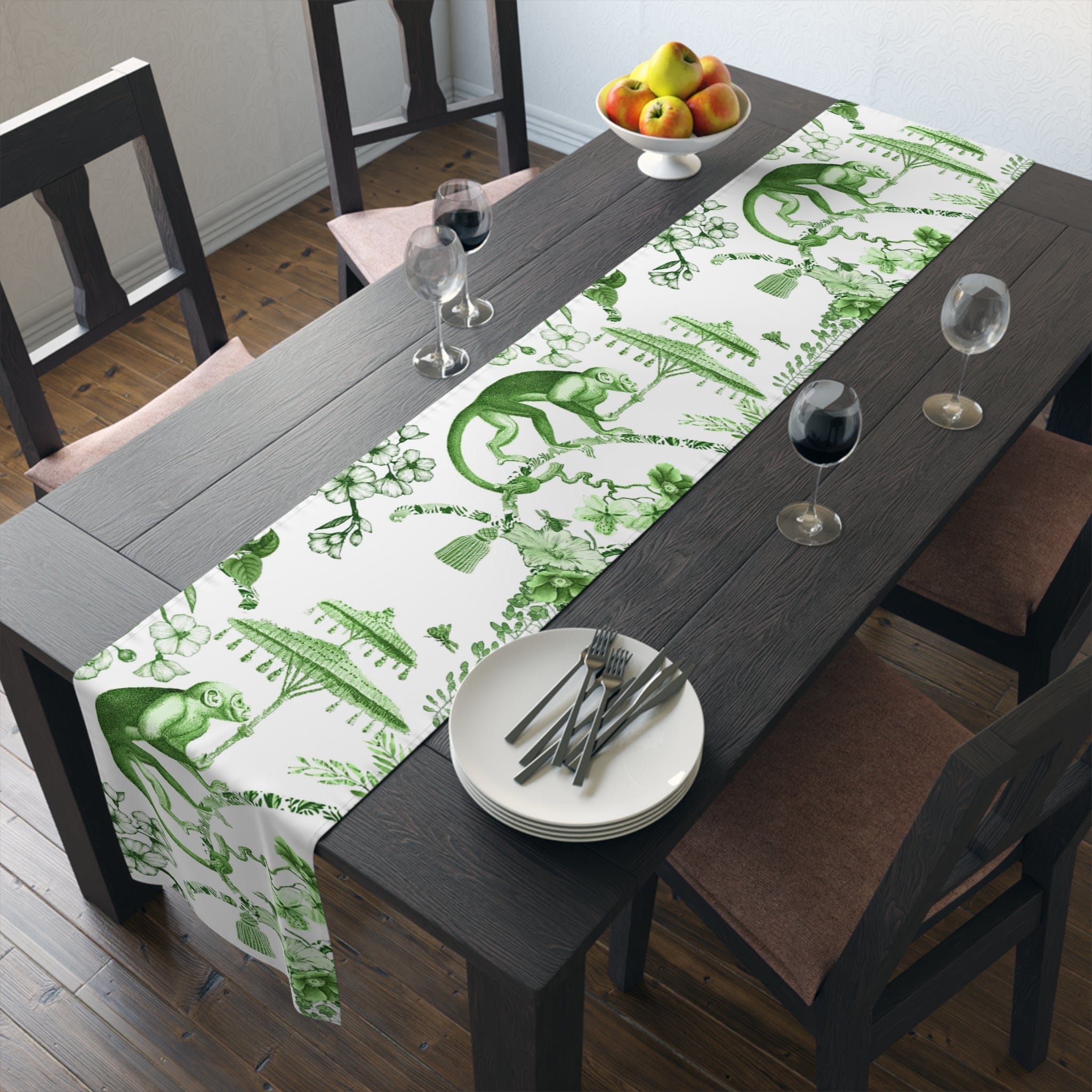Kate McEnroe New York Chinoiserie Botanical Toile Table Runner, Floral Green, White Chinoiserie Jungle, Country Farmhouse Grandmillenial Table DecorTable Runners30339262259070302205