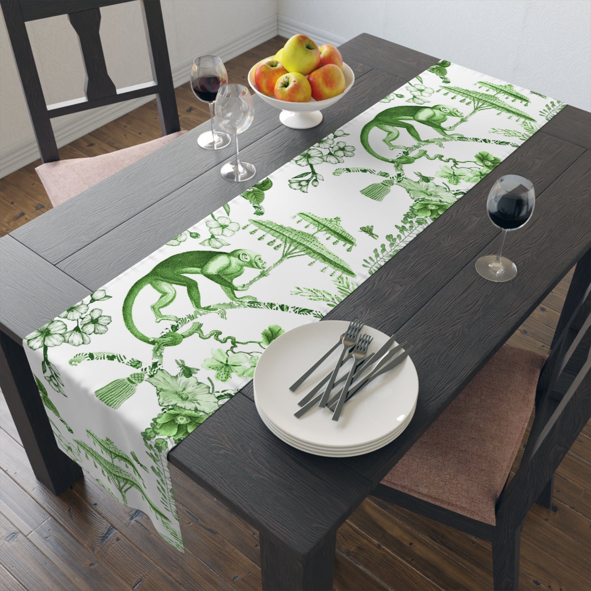 Kate McEnroe New York Chinoiserie Botanical Toile Table Runner, Floral Green, White Chinoiserie Jungle, Country Farmhouse Grandmillenial Table DecorTable Runners30339262259070302205