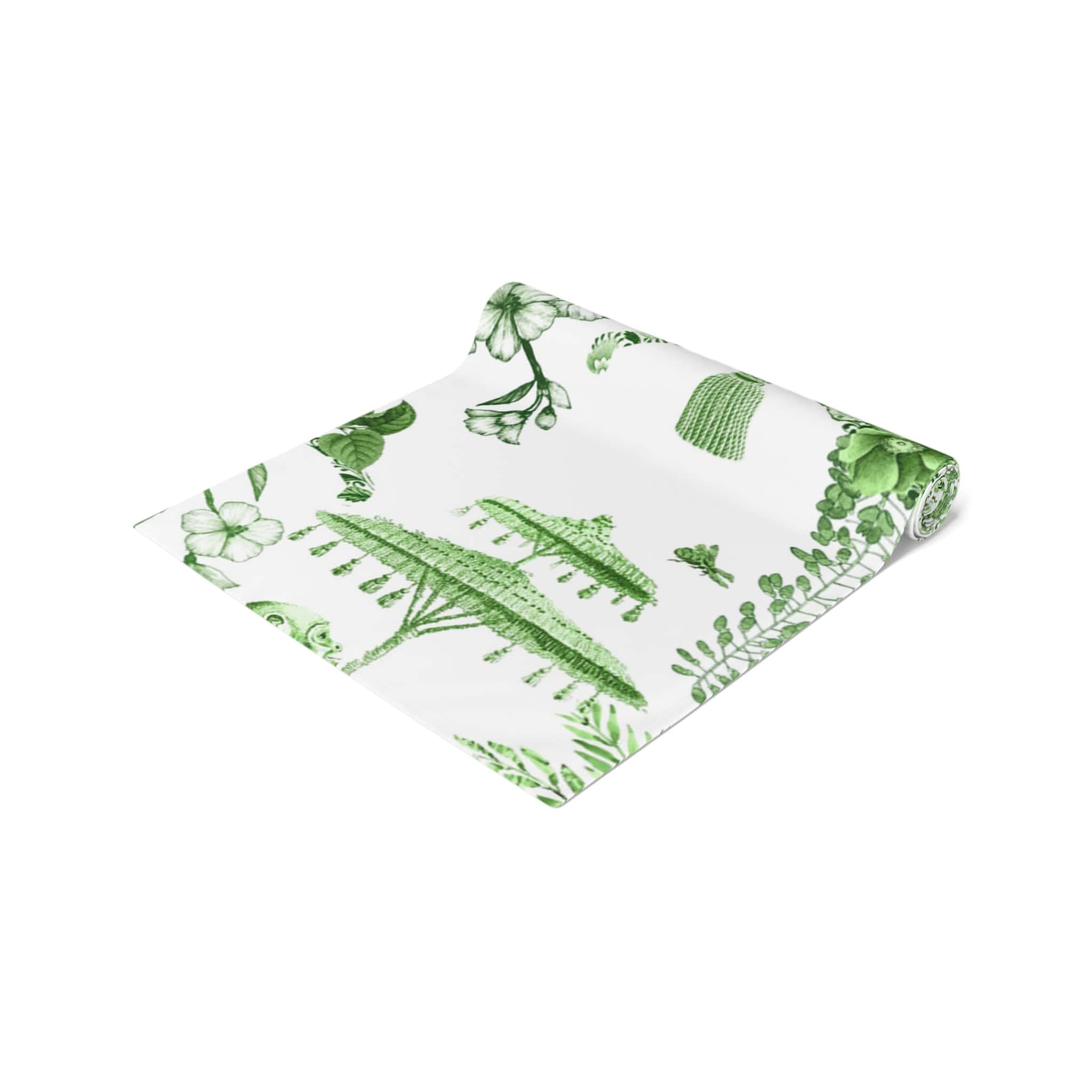 Kate McEnroe New York Chinoiserie Botanical Toile Table Runner, Floral Green, White Chinoiserie Jungle, Country Farmhouse Grandmillenial Table DecorTable Runners30339262259070302205