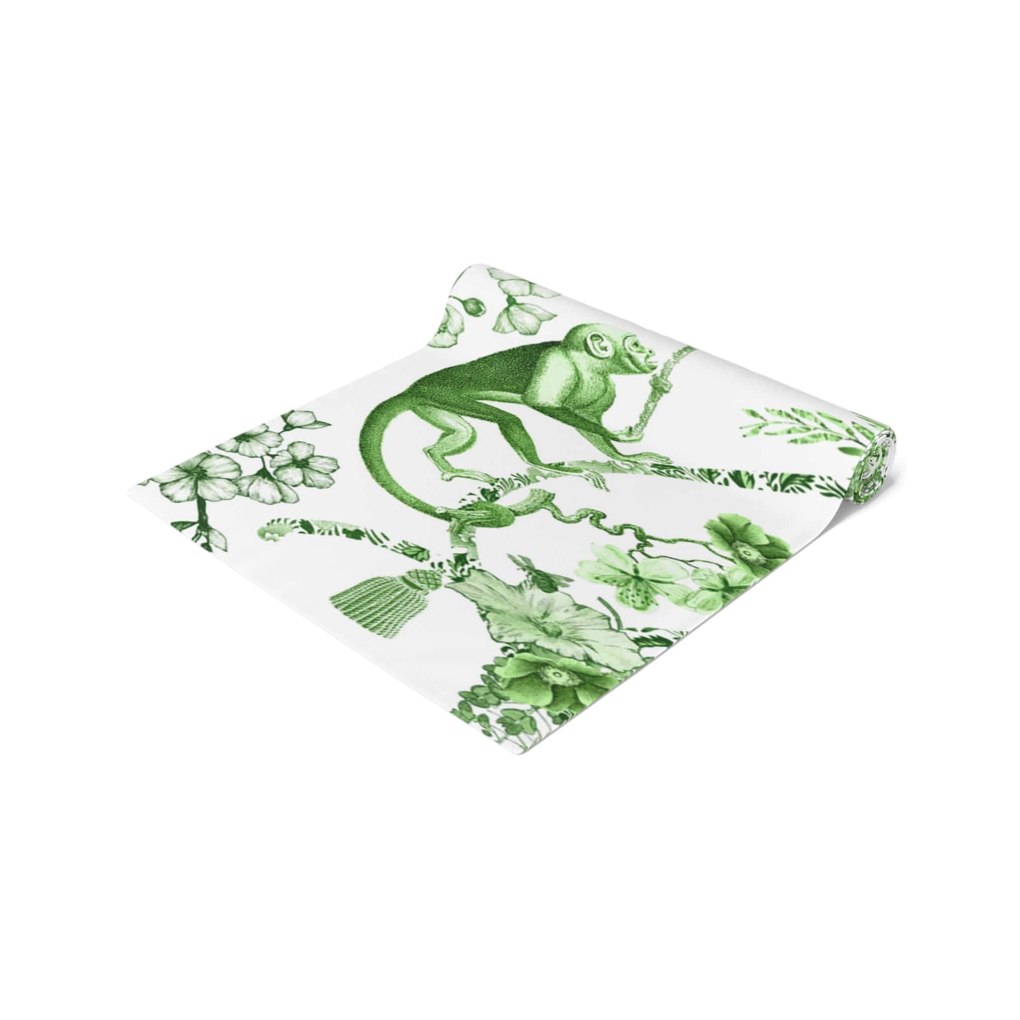 Kate McEnroe New York Chinoiserie Botanical Toile Table Runner, Floral Green, White Chinoiserie Jungle, Country Farmhouse Grandmillenial Table DecorTable Runners30339262259070302205