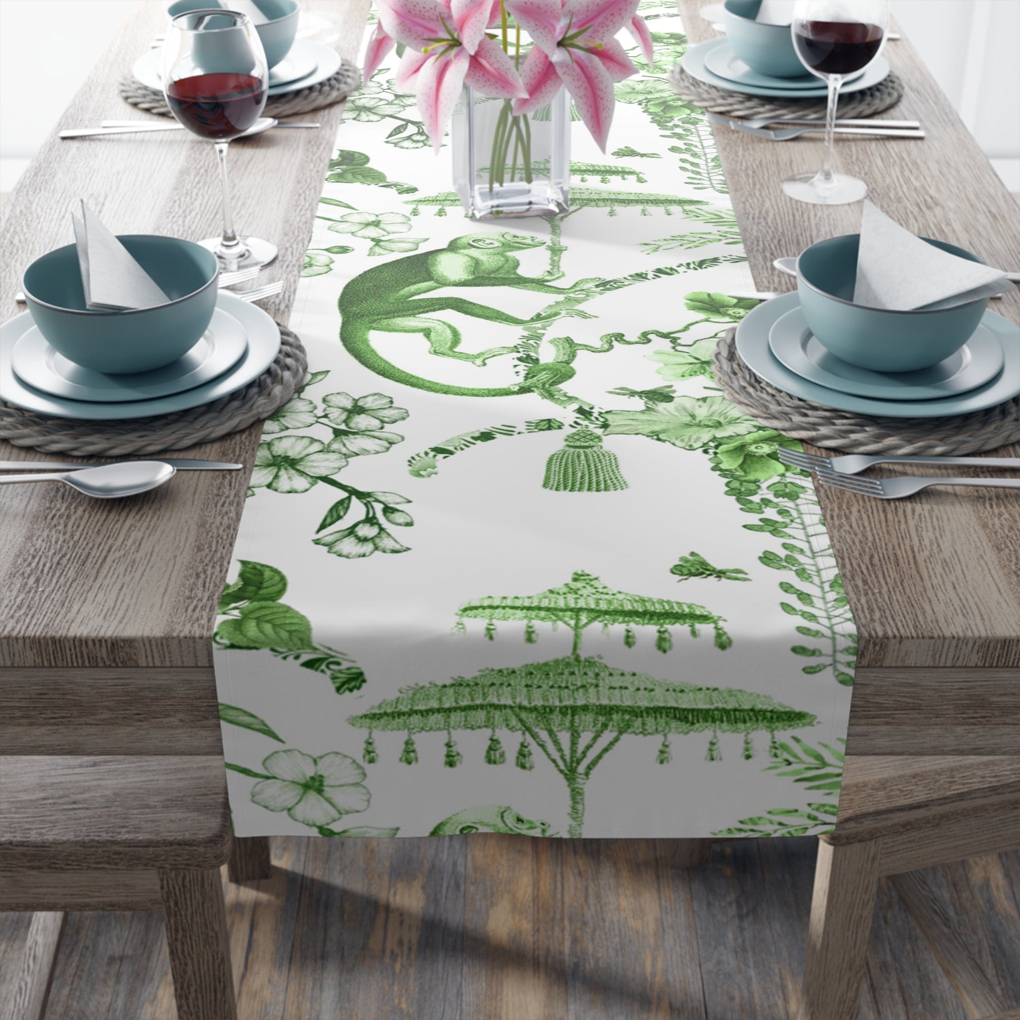 Kate McEnroe New York Chinoiserie Botanical Toile Table Runner, Floral Green, White Chinoiserie Jungle, Country Farmhouse Grandmillenial Table DecorTable Runners30218532707023893747