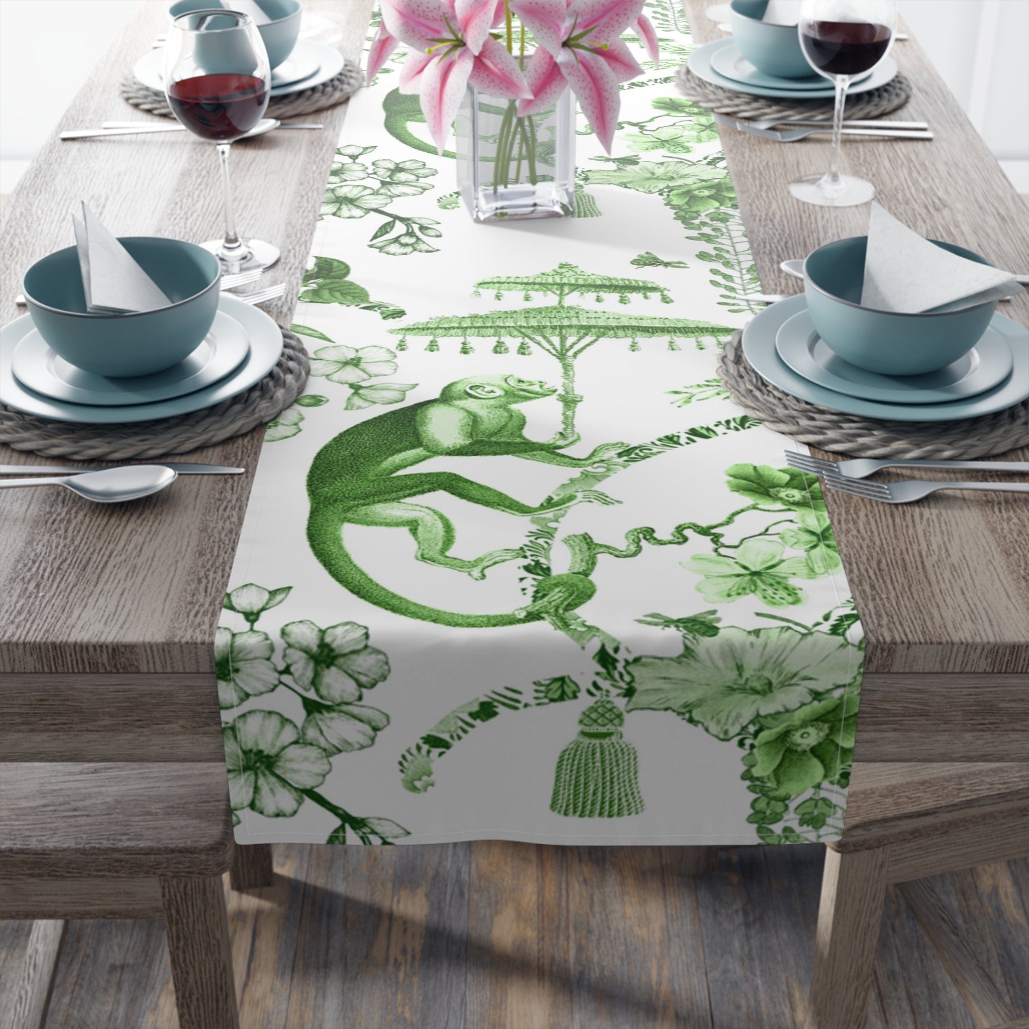 Kate McEnroe New York Chinoiserie Botanical Toile Table Runner, Floral Green, White Chinoiserie Jungle, Country Farmhouse Grandmillenial Table DecorTable Runners33300911032699350133