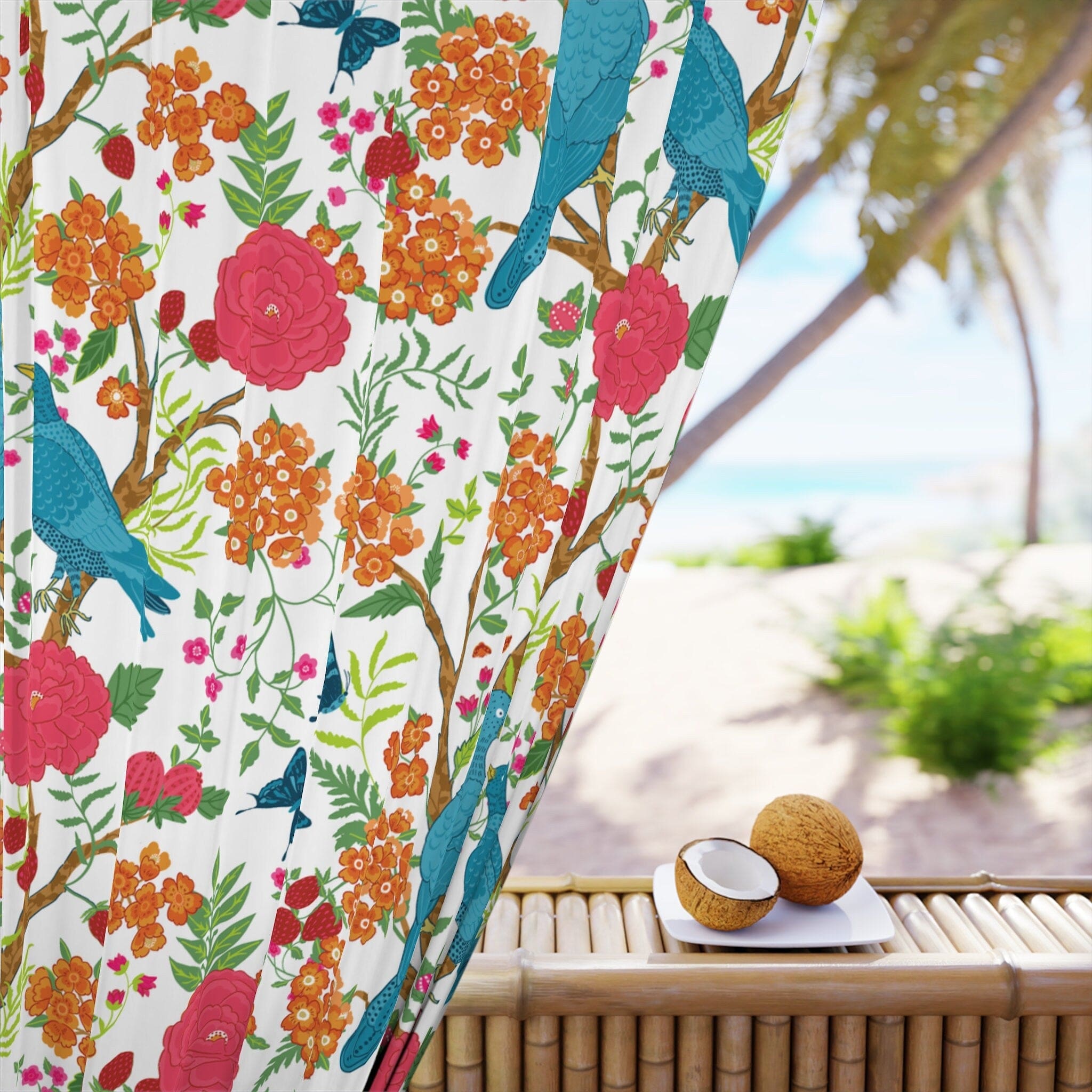 Kate McEnroe New York Chinoiserie Floral and Exotic Bird Botanical Garden Curtains in Pink, Green, Orange and Blue by Kate McEnroe New York - KM13809923Window CurtainsW3S - CHI - MON - SH1