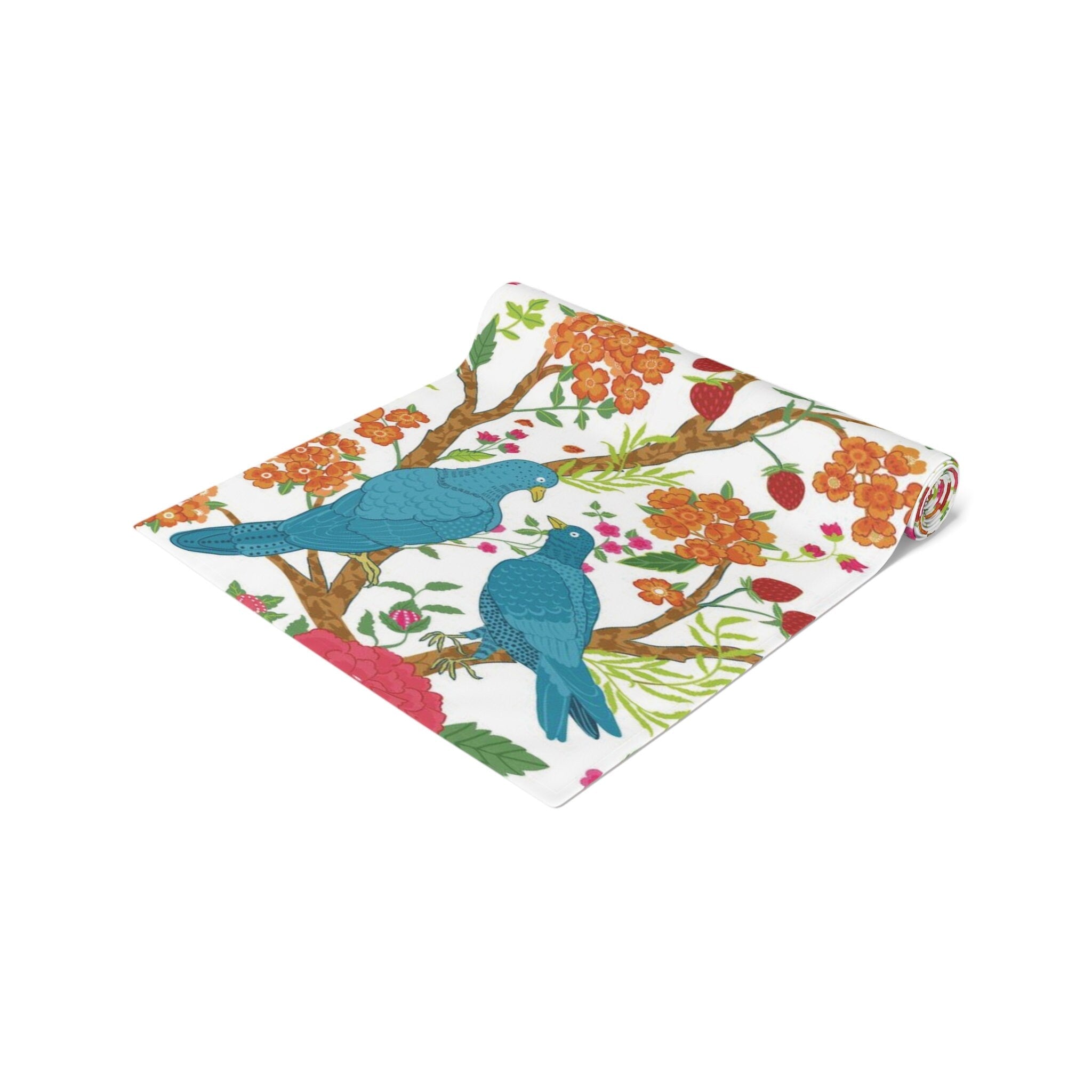Kate McEnroe New York Chinoiserie Floral and Exotic Bird Botanical Toile Table Runner in Pink, Green, Orange and Blue by Kate McEnroe New York - KM13809927Table Runners26225769617507245130