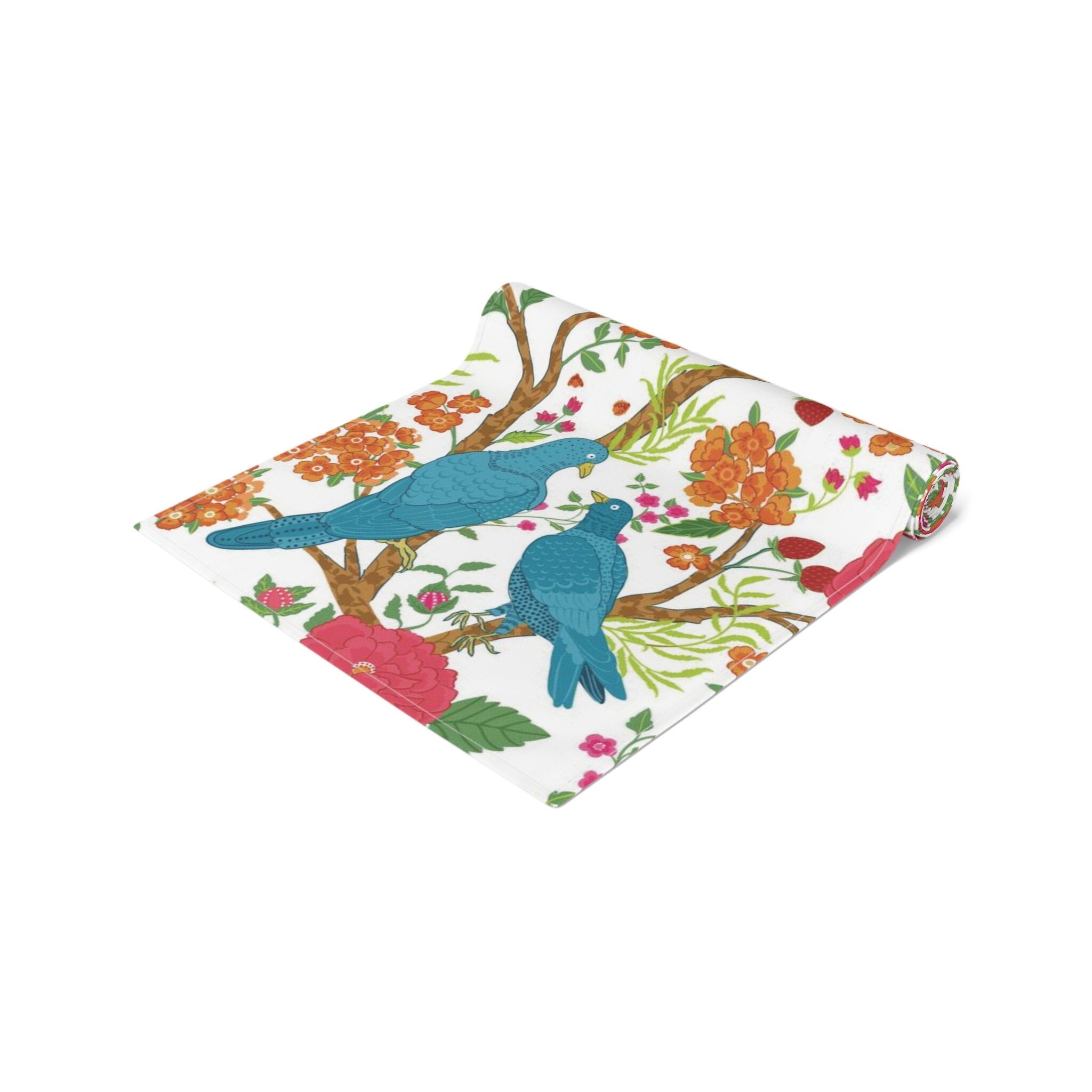 Kate McEnroe New York Chinoiserie Floral and Exotic Bird Botanical Toile Table Runner in Pink, Green, Orange and Blue by Kate McEnroe New York - KM13809927Table Runners26225769617507245130