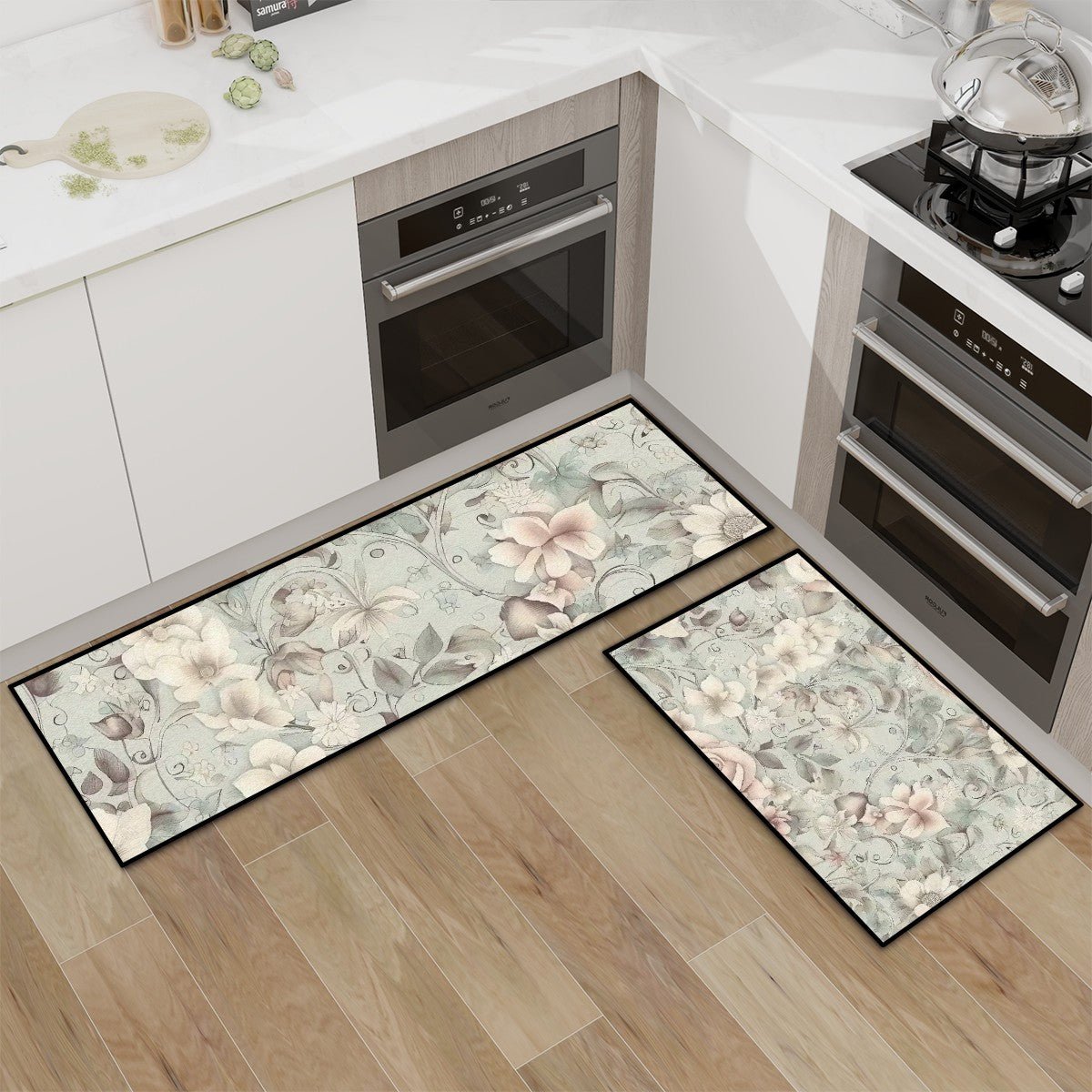 Kate McEnroe New York Chinoiserie Floral Kitchen Mat Set, Elegant Vintage Style Floor RugsKitchen Floor MatswncAKS0nk3