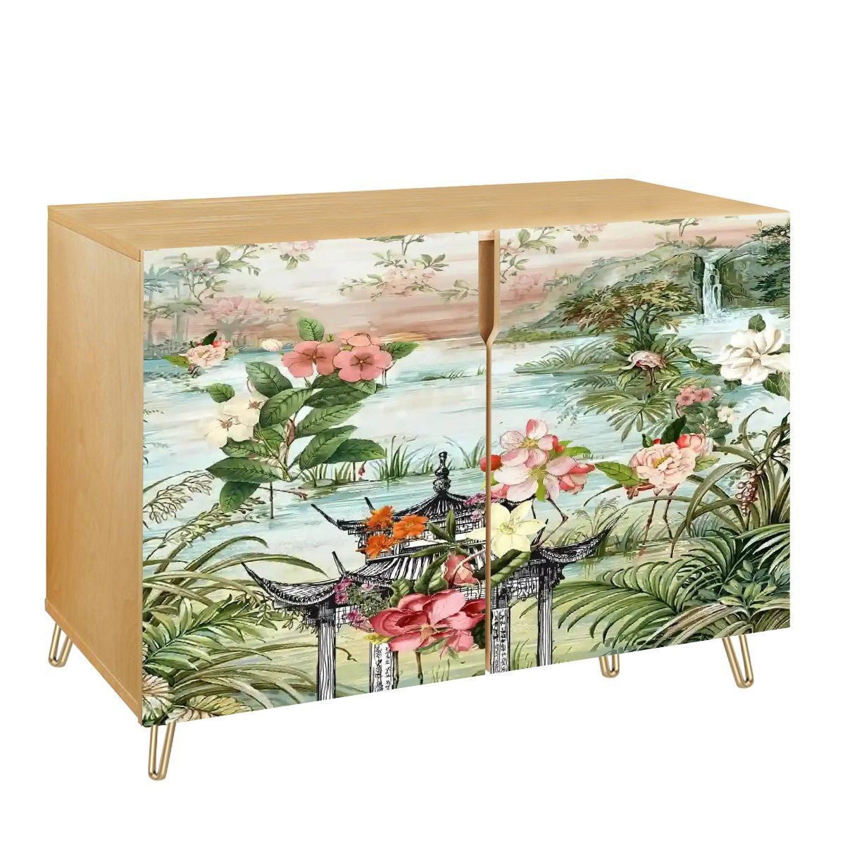 Kate McEnroe New York Chinoiserie Floral Landscape Sideboard, Vintage Asian Inspired Storage Cabinet, Elegant Botanical AccentStorage Cabinets4dZkyS9RQc