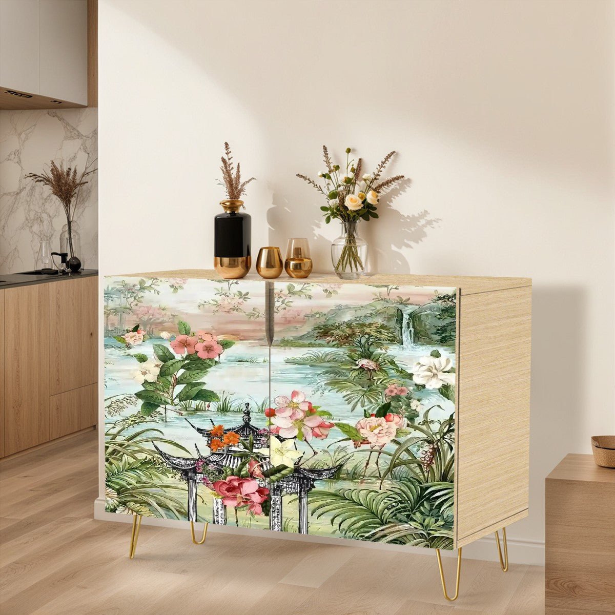 Kate McEnroe New York Chinoiserie Floral Landscape Sideboard, Vintage Asian Inspired Storage Cabinet, Elegant Botanical AccentStorage Cabinets4dZkyS9RQc