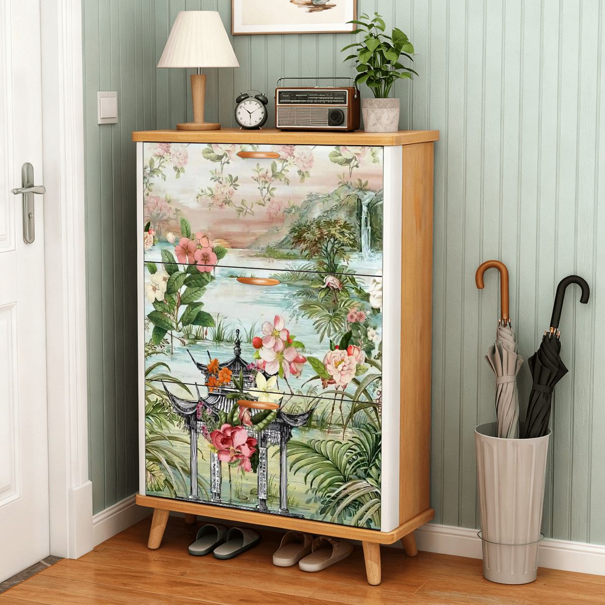 Kate McEnroe New York Chinoiserie Floral Shoe Cabinet, Oriental Botanical Mudroom Organizer, Entryway Storage UnitShoe StorageXtNN3DRq0G