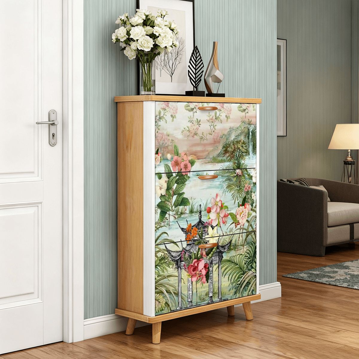 Kate McEnroe New York Chinoiserie Floral Shoe Cabinet, Oriental Botanical Mudroom Organizer, Entryway Storage UnitShoe StorageXtNN3DRq0G