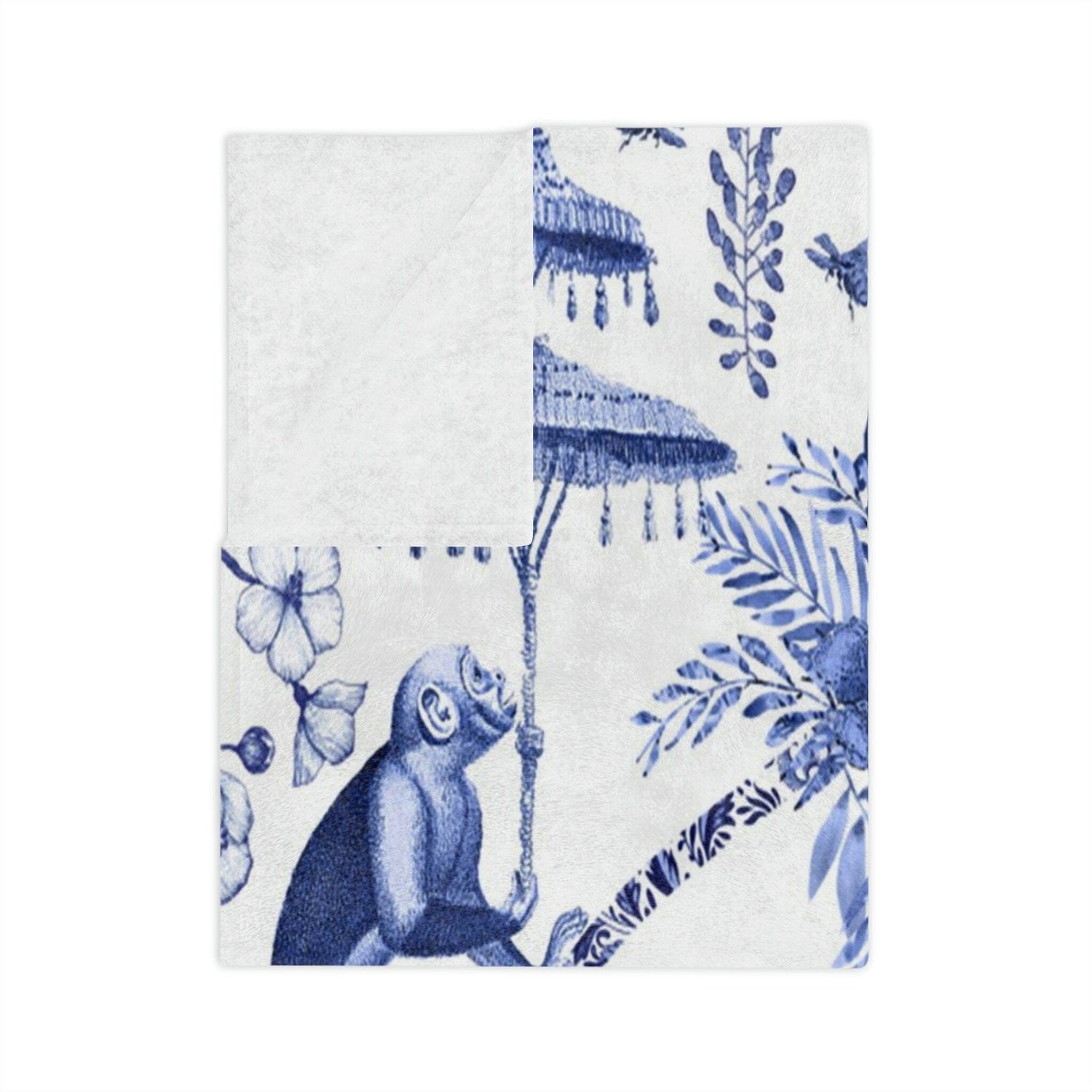 Kate McEnroe New York Chinoiserie Grandmilenial Botanical Toile Throw Blanket, Floral Blue and White Chinoiserie Jungle Velveteen Minky Blanket, Maximalist Decor Blankets