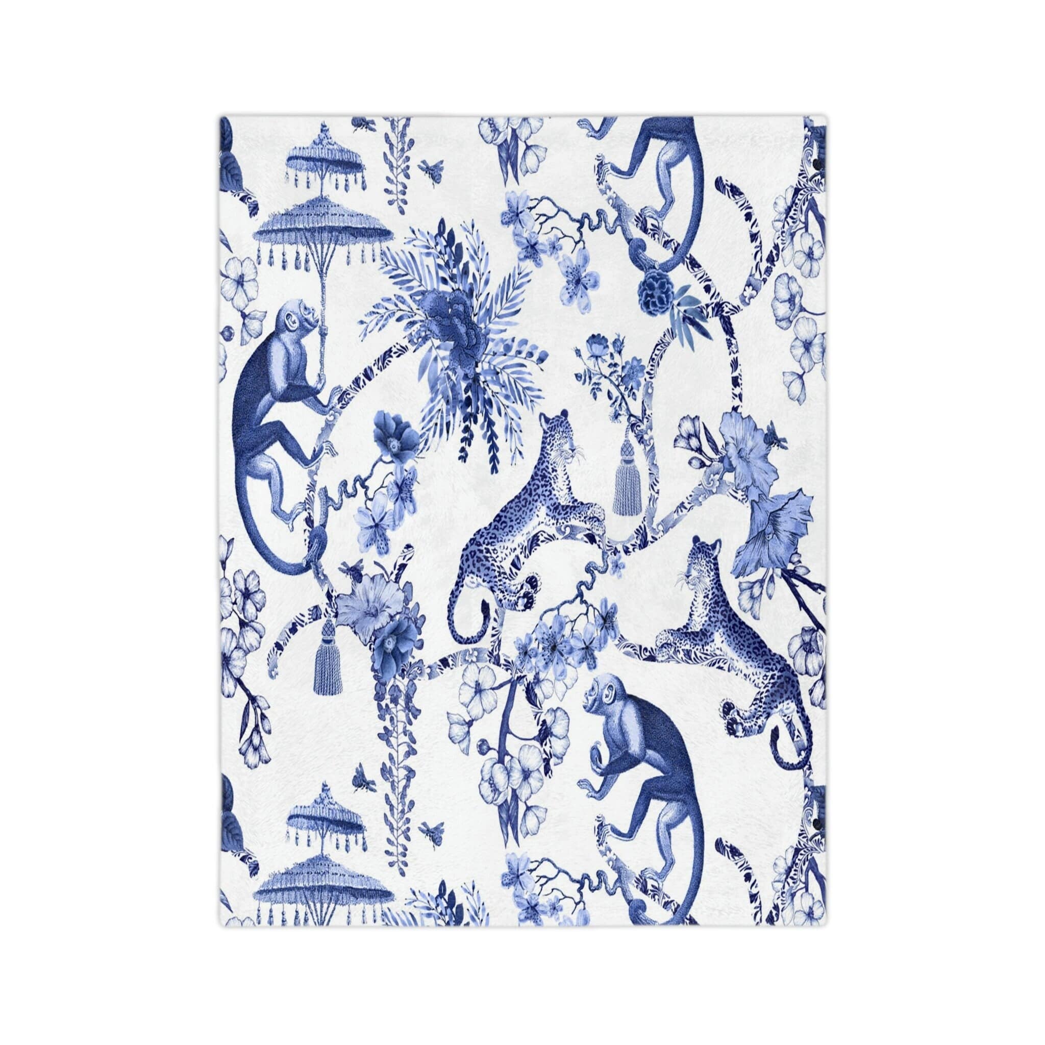 Kate McEnroe New York Chinoiserie Grandmilenial Botanical Toile Throw Blanket, Floral Blue and White Chinoiserie Jungle Velveteen Minky Blanket, Maximalist DecorBlanketsB20 - CHI - JUN - 4X3