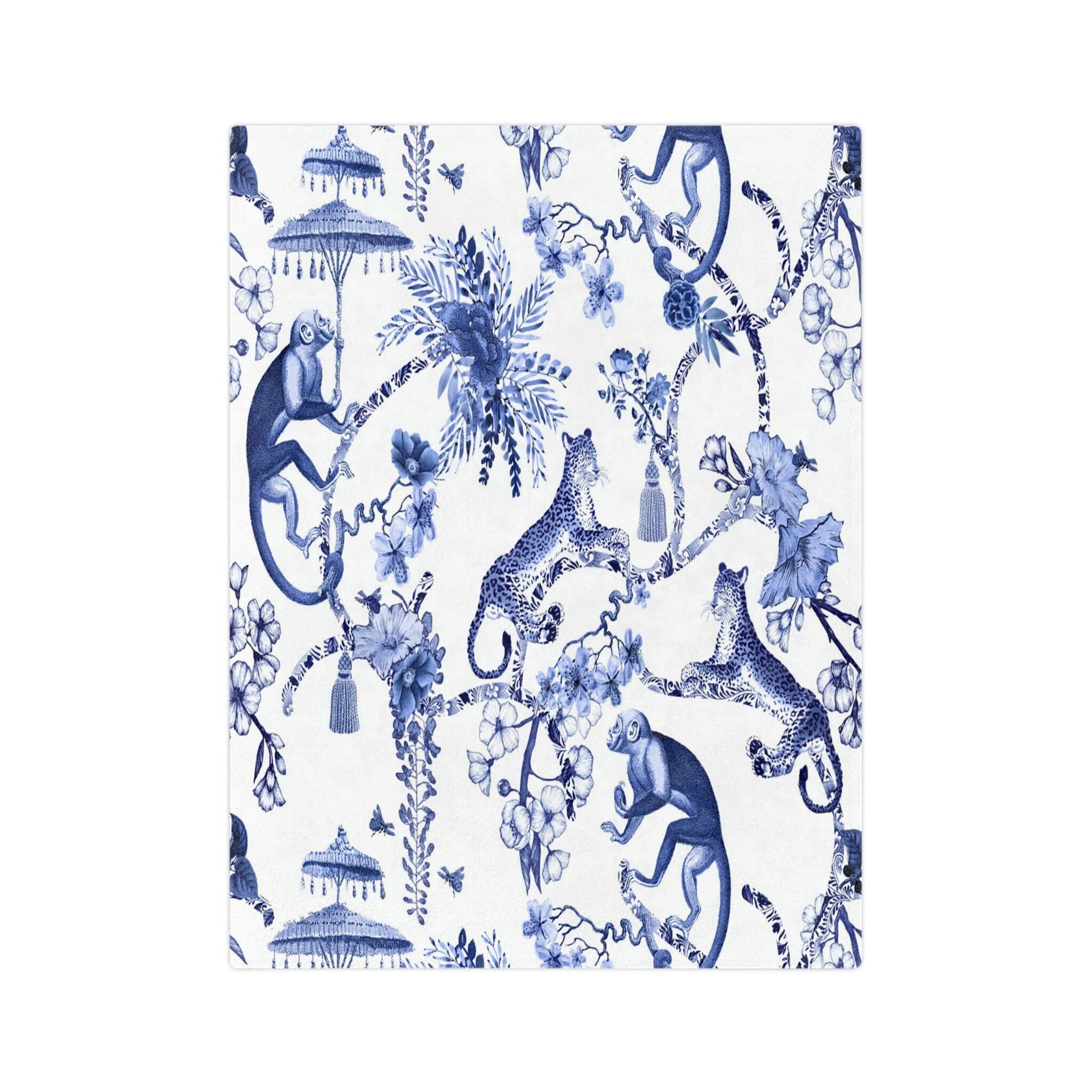 Kate McEnroe New York Chinoiserie Grandmilenial Botanical Toile Throw Blanket, Floral Blue and White Chinoiserie Jungle Velveteen Minky Blanket, Maximalist DecorBlanketsB20 - CHI - JUN - 4X3