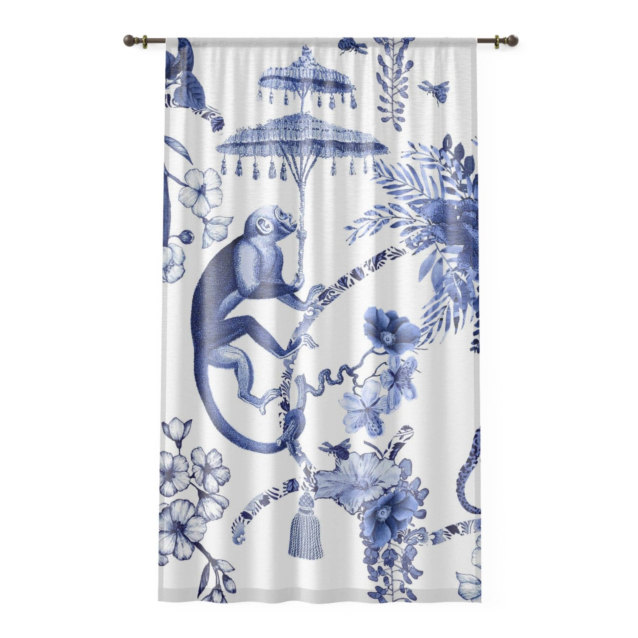 Kate McEnroe New York Chinoiserie Jungle Botanical Toile Window Curtains, Blue, White Chinoiserie Floral Curtain Panels, Country Farmhouse Decor - 122581123Window CurtainsW3D - MON - OYB - SH4