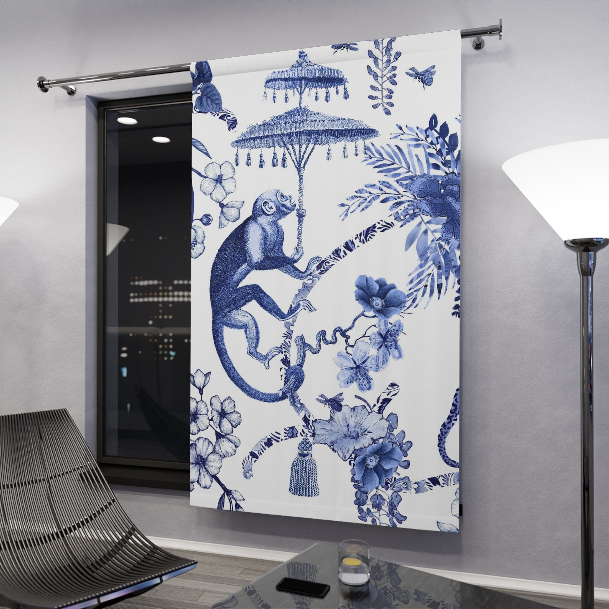 Kate McEnroe New York Chinoiserie Jungle Botanical Toile Window Curtains, Blue, White Chinoiserie Floral Curtain Panels, Country Farmhouse Decor - 122581123Window CurtainsW3D - MON - OYB - SH4