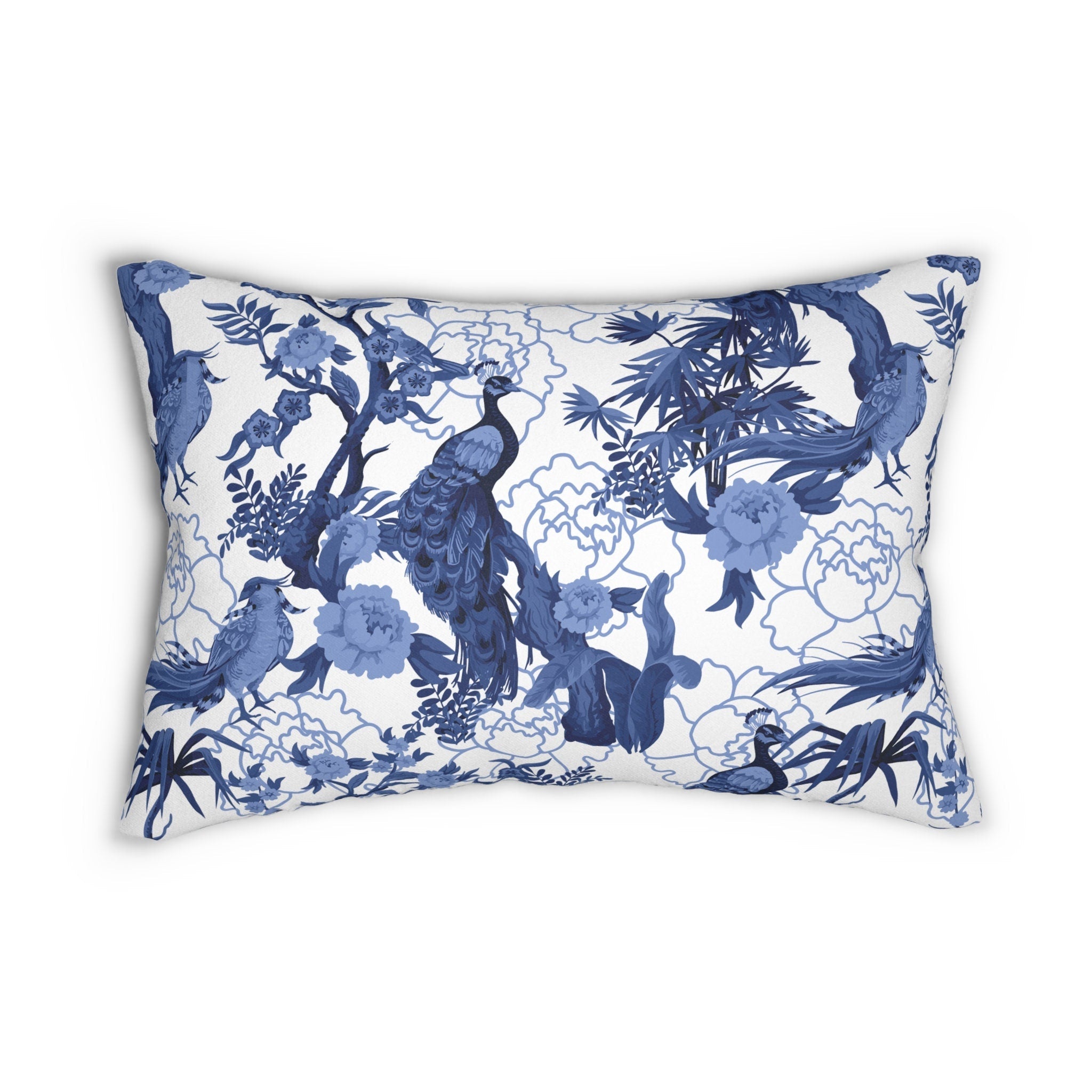 Kate McEnroe New York Chinoiserie Lumbar Pillow, Blue Peacock Floral Decorative CushionLumbar Pillows27435374831242307439