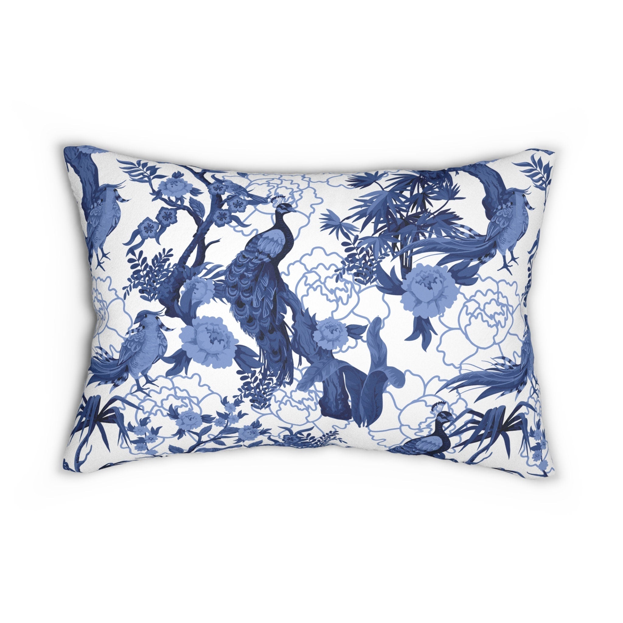 Kate McEnroe New York Chinoiserie Lumbar Pillow, Blue Peacock Floral Decorative CushionLumbar Pillows27435374831242307439