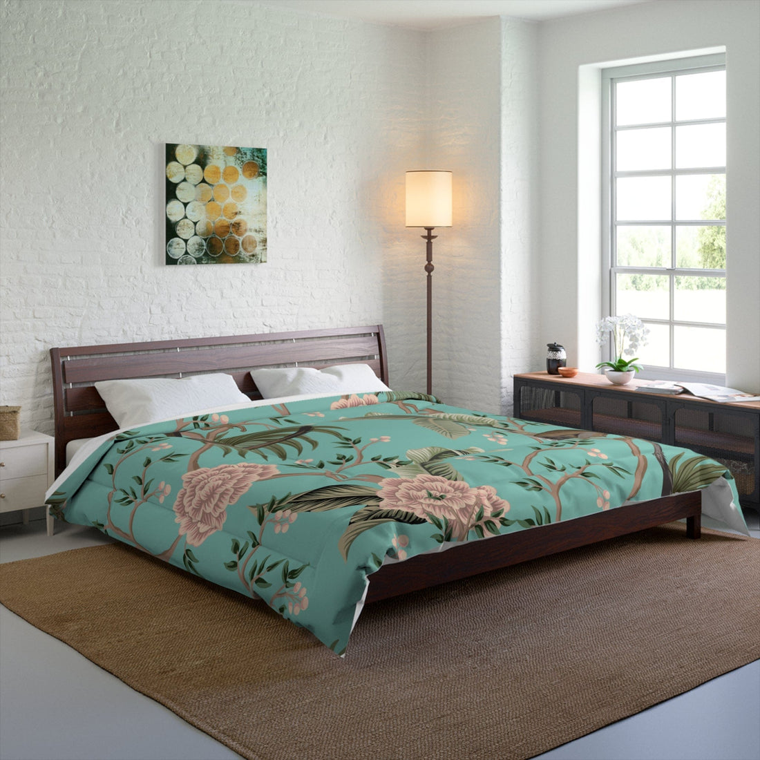 Kate McEnroe New York Chinoiserie Monkey Floral Comforter, Teal Pink Botanical Bedding Comforters 104&quot; × 88&quot; 11966184077994319046
