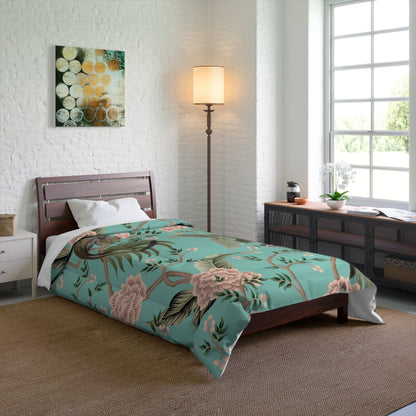 Kate McEnroe New York Chinoiserie Monkey Floral Comforter, Teal Pink Botanical Bedding Comforters 68&quot; × 88&quot; 17610726947373992460