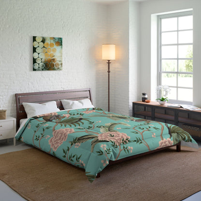 Kate McEnroe New York Chinoiserie Monkey Floral Comforter, Teal Pink Botanical Bedding Comforters 88&quot; × 88&quot; 93189734320329781681