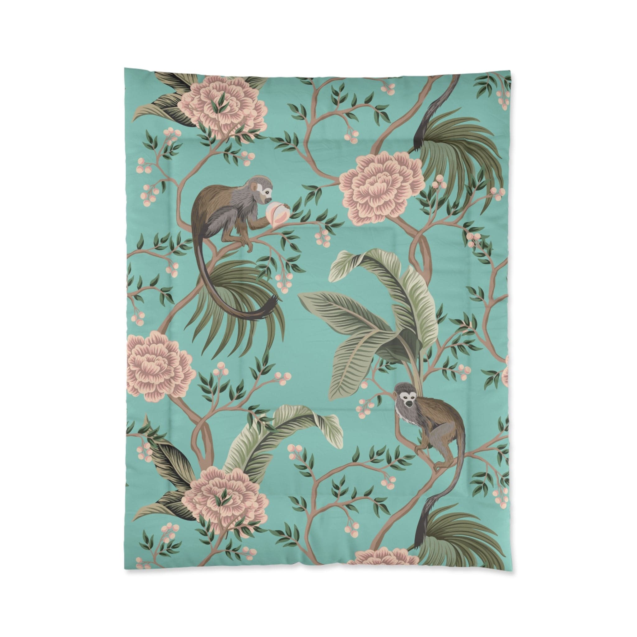 Kate McEnroe New York Chinoiserie Monkey Floral Comforter, Teal Pink Botanical Bedding Comforters