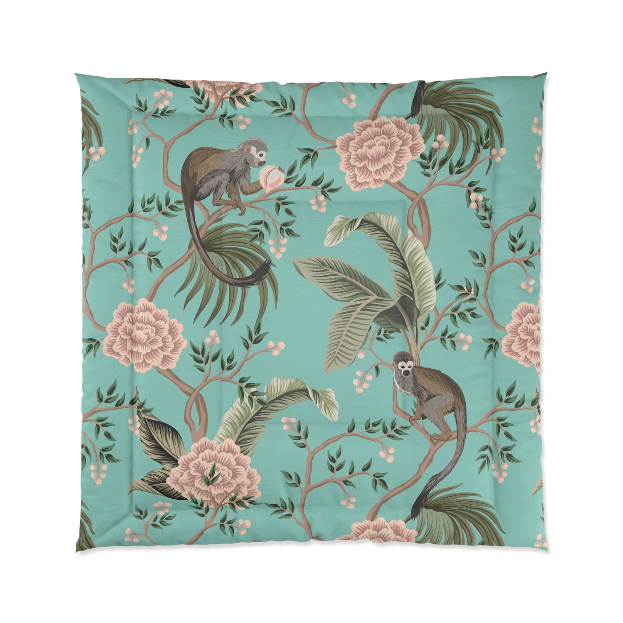 Kate McEnroe New York Chinoiserie Monkey Floral Comforter, Teal Pink Botanical BeddingComforters11966184077994319046