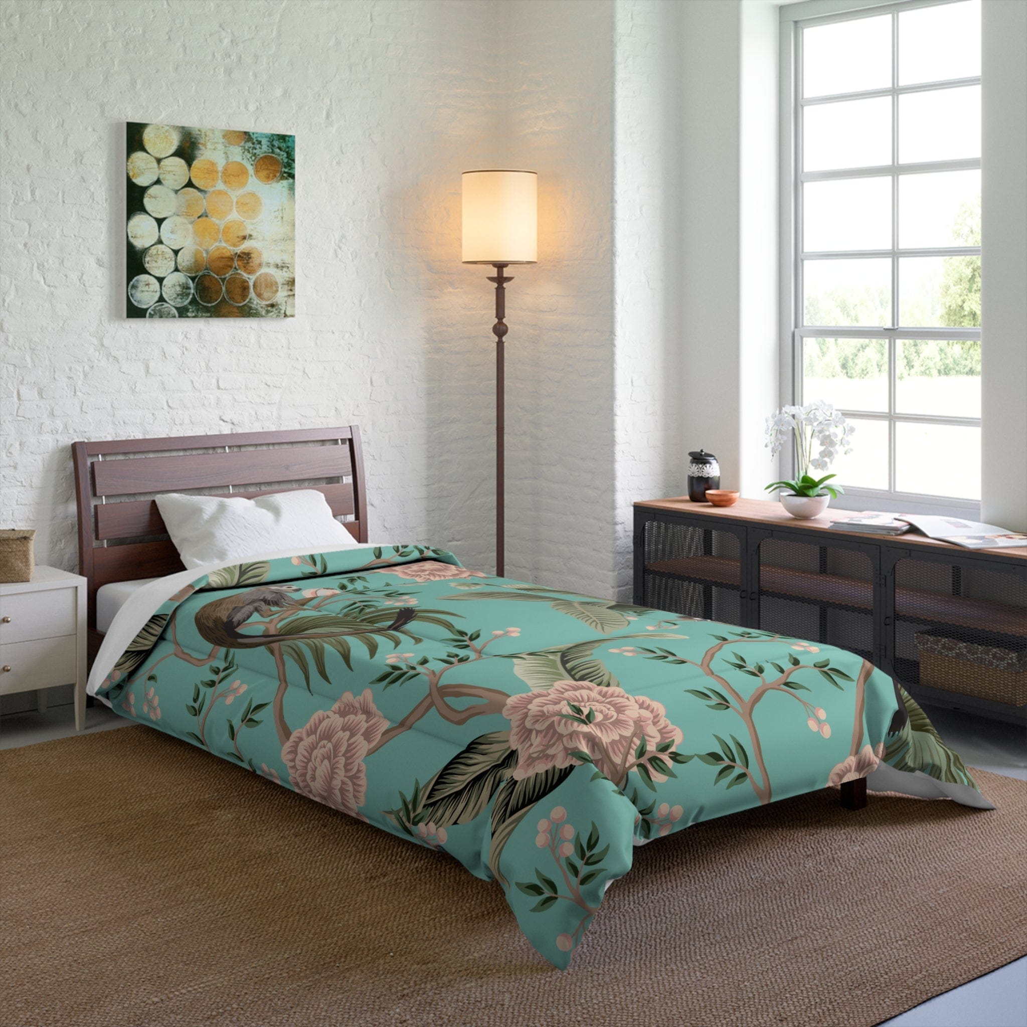 Kate McEnroe New York Chinoiserie Monkey Floral Comforter, Teal Pink Botanical BeddingComforters17958806839928460028