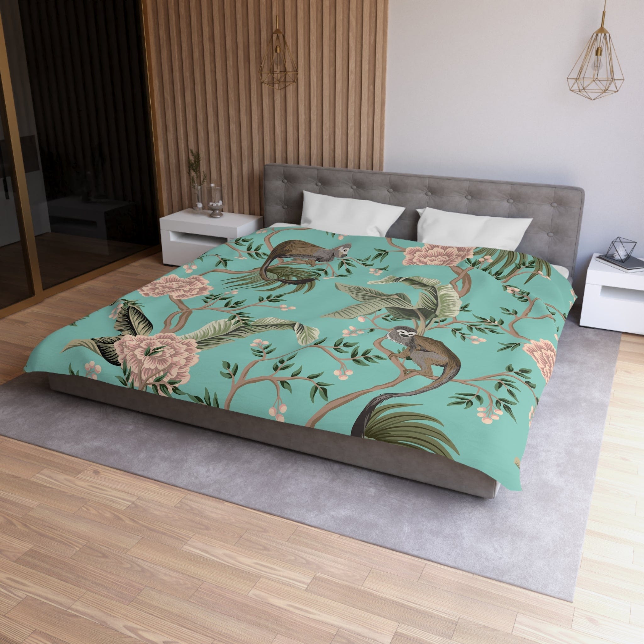 Kate McEnroe New York Chinoiserie Monkey Floral Duvet Cover, Teal Pink Botanical BeddingDuvet Covers60901709035271638560