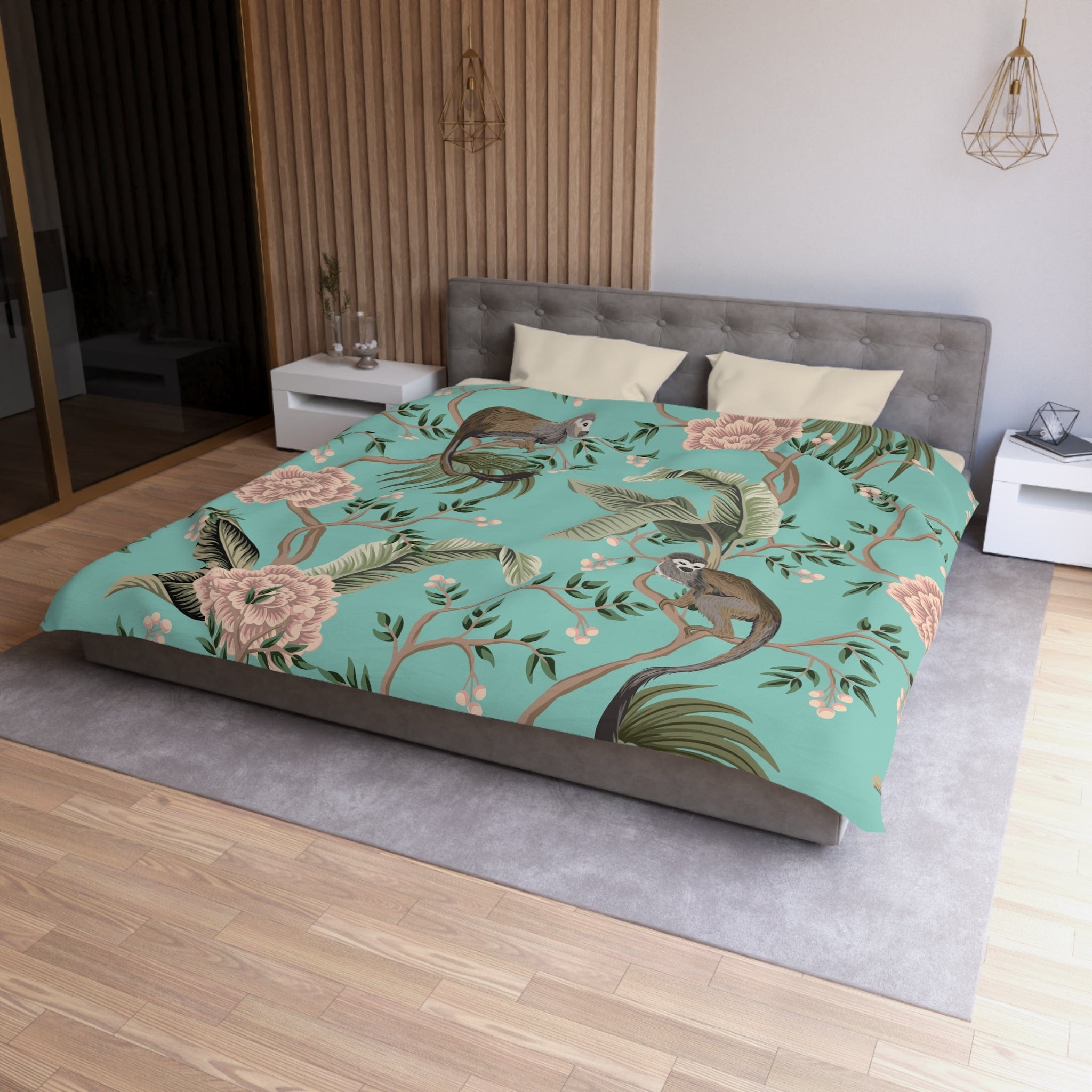 Kate McEnroe New York Chinoiserie Monkey Floral Duvet Cover, Teal Pink Botanical BeddingDuvet Covers63384755463056902366