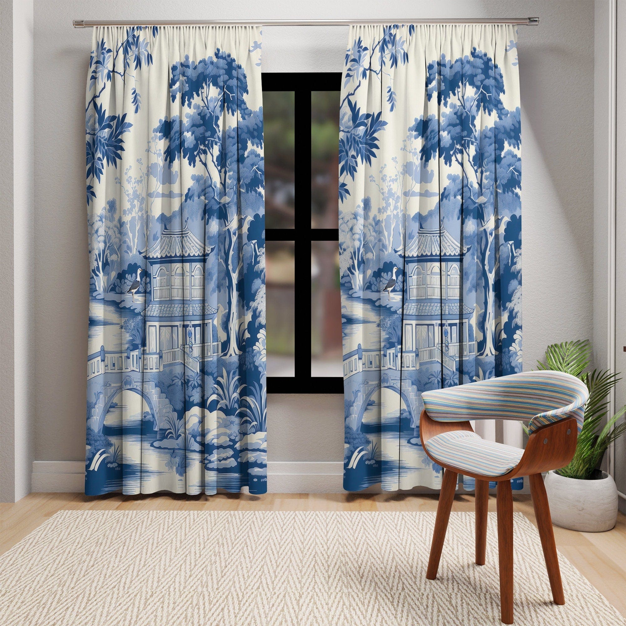 Kate McEnroe New York Chinoiserie Pagoda Floral Window Curtains, Country Farmhouse Grandmillenial Traditional Asian Country Scene Curtain Panels 11208823Window CurtainsW3D - CHI - AI3 - SH3