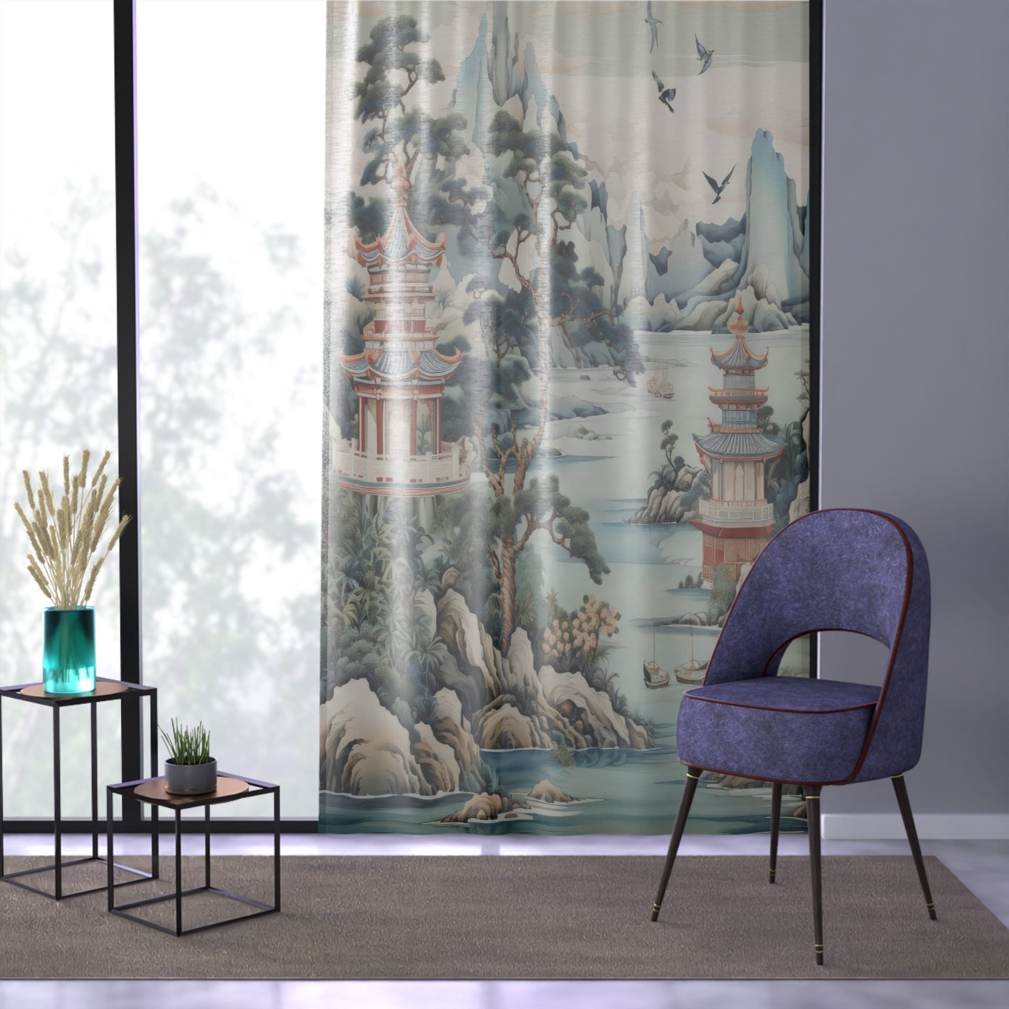 Kate McEnroe New York Chinoiserie Pagoda Landscape Floral Window Curtains, Country Farmhouse Grandmillenial Decor, Asian Country Scene Curtain Panels - 121081023 Window Curtains
