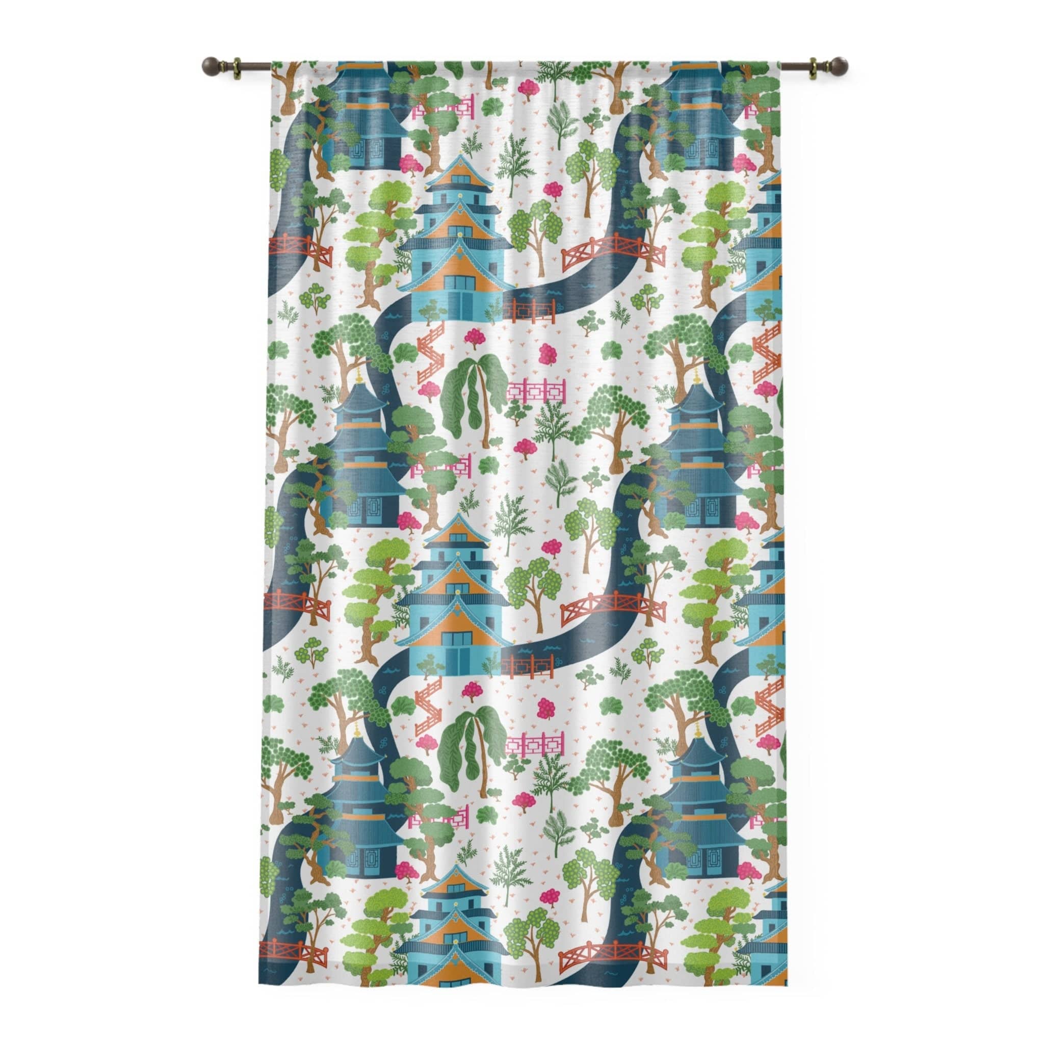 Kate McEnroe New York Chinoiserie Pagodas Botanical Toile Garden Curtains in Blue, White, Pink and Green by Kate McEnroe New York - KM13819923Window CurtainsW3S - CHI - MON - SH1